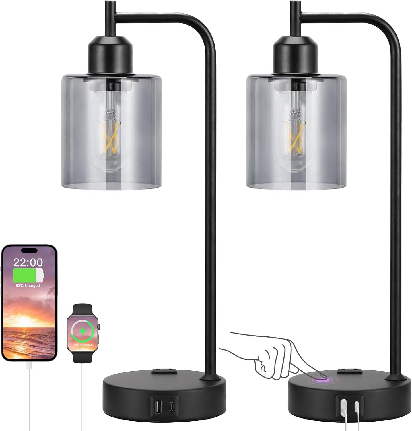Industrial Touch Bedroom Lamps for Bedrooms Set of 2-3-Way Dimmable Table Lamps with USB C+A Ports and Outlet, Bedside Lamps with Gray Glass Shade for Living Room, Desk Lamps for Home Office