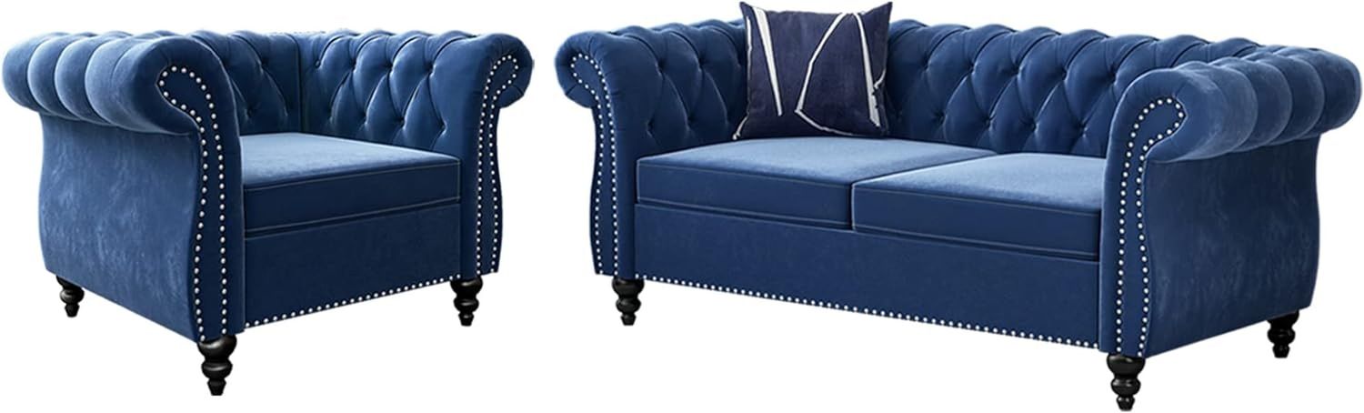 2 Piece Living Room Set, Velvet Chesterfield Sofa Loveseat Couch Chair with Scroll Arms and Nailhead for Living Room, Office (Blue)