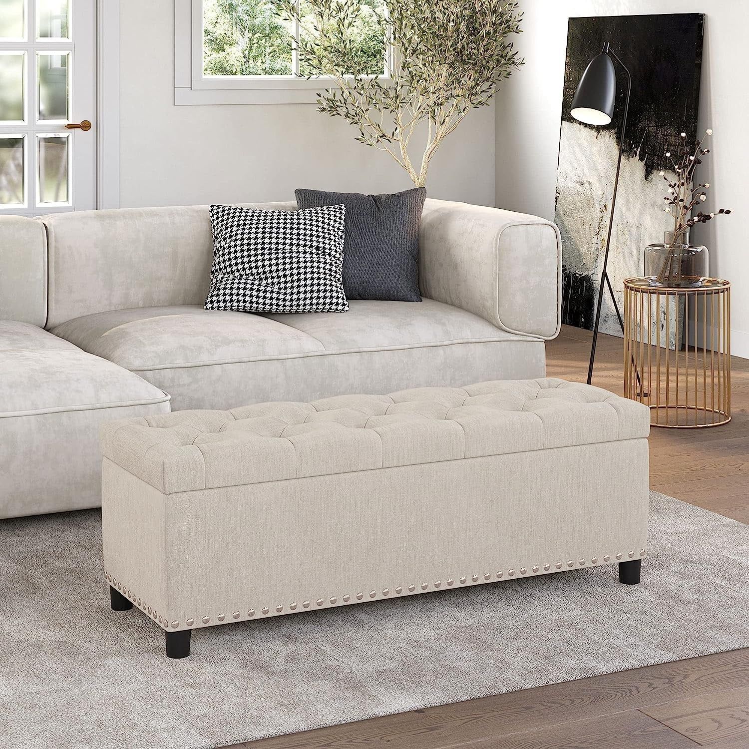 Button-Tufted Ottoman with Storage - Beige