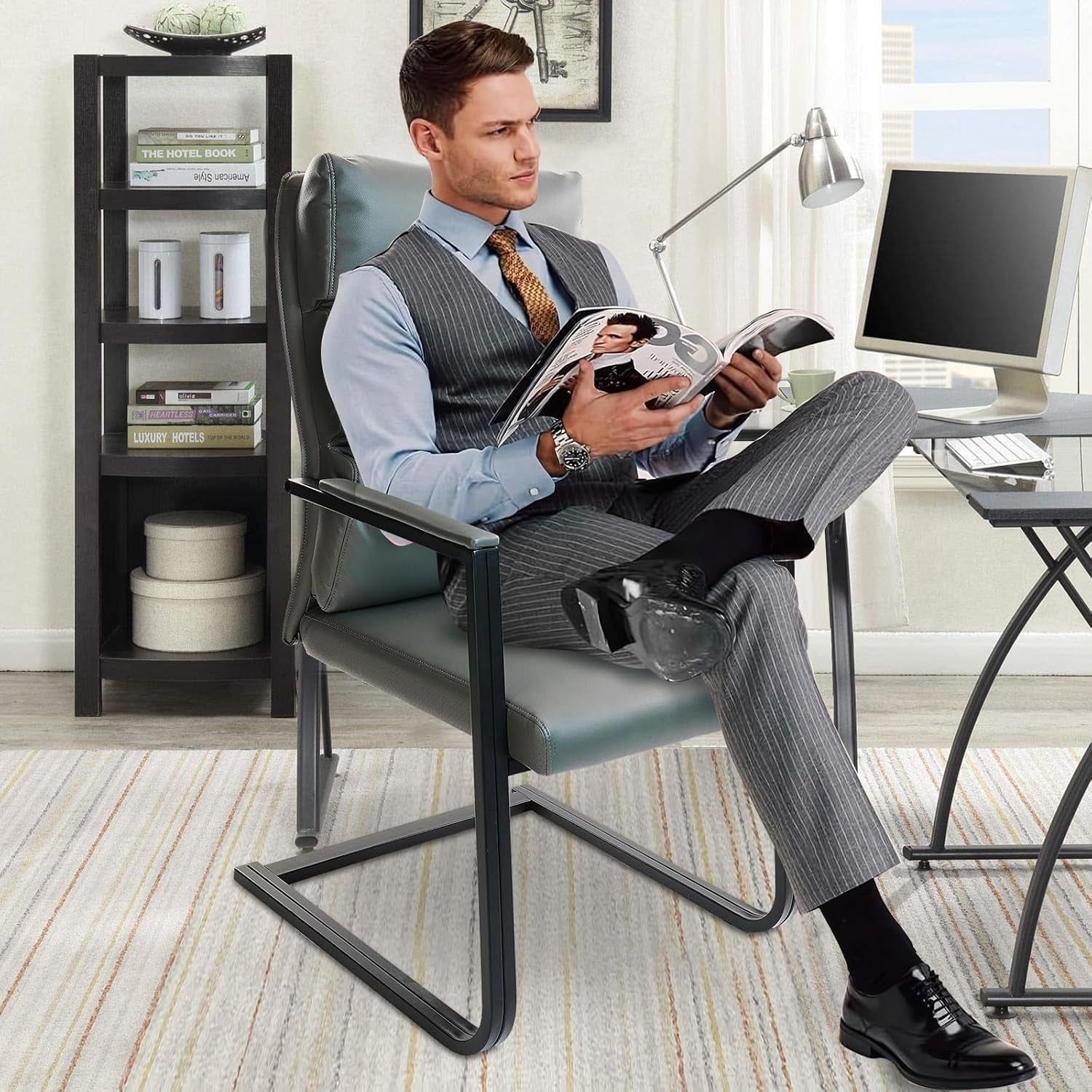 Gray Leather Guest Chairs, Big &amp; Tall, Sled Base, 2-Pack