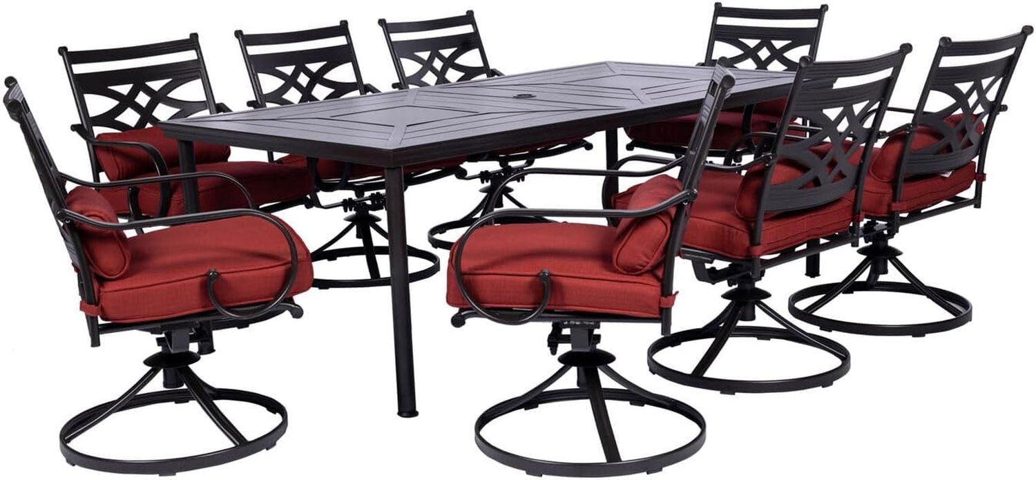 Montclair 9-Piece Outdoor Dining Set, 8 Swivel Rocker Chairs with Comfortable Seat and Lumbar Cushions, 84&quot;X42&quot; Stamped Rectangle Table, All-Weather Patio Dining Set for 8 for Backyard, Patio