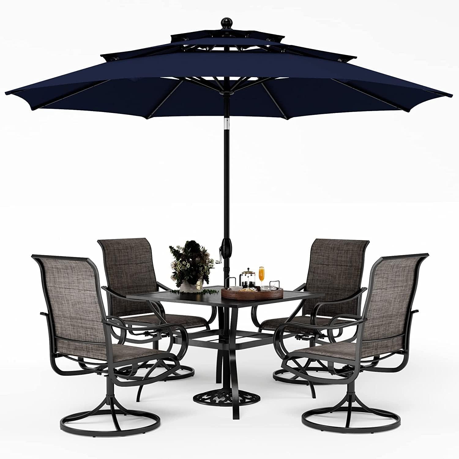 Patio Dining Set with Umbrella for 4, Outdoor Table &amp; Chairs Set with 4 Padded Swivel Patio Dining Chairs, 1 Metal Dining Table and 10Ft Navy Blue Large Patio Umbrella (No Umbrella Base)