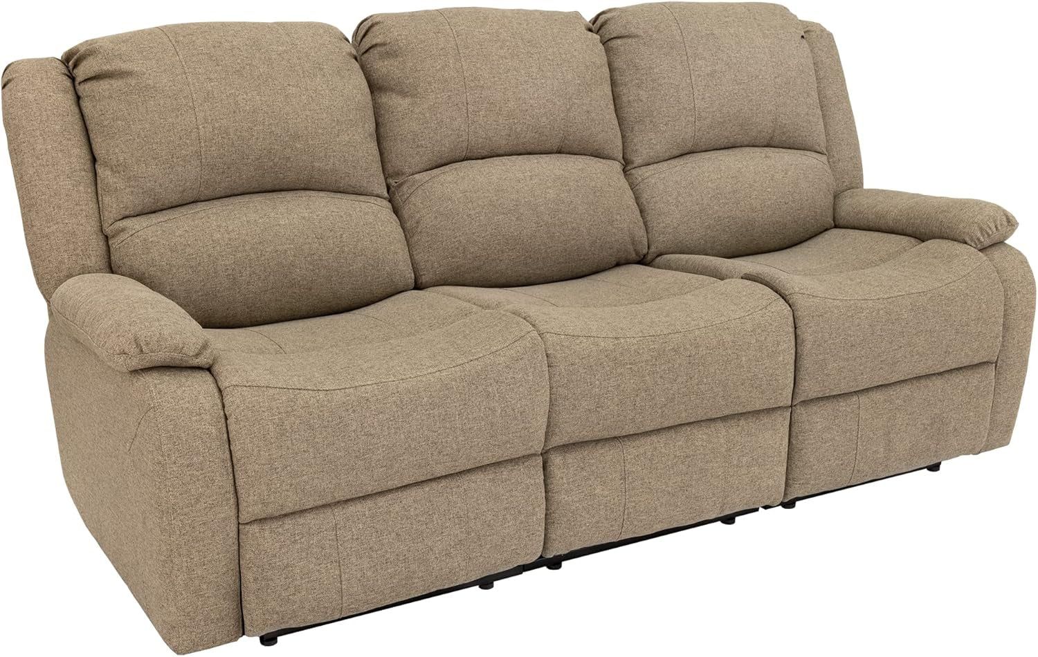 Charles 80&quot; Triple Recliner RV Sofa with Console | Zero Wall Reclining Sofa for Camper | Wall Hugger Couch | Fifth Wheel Theater Seating | Replacement RV Furniture | Oatmeal Cloth