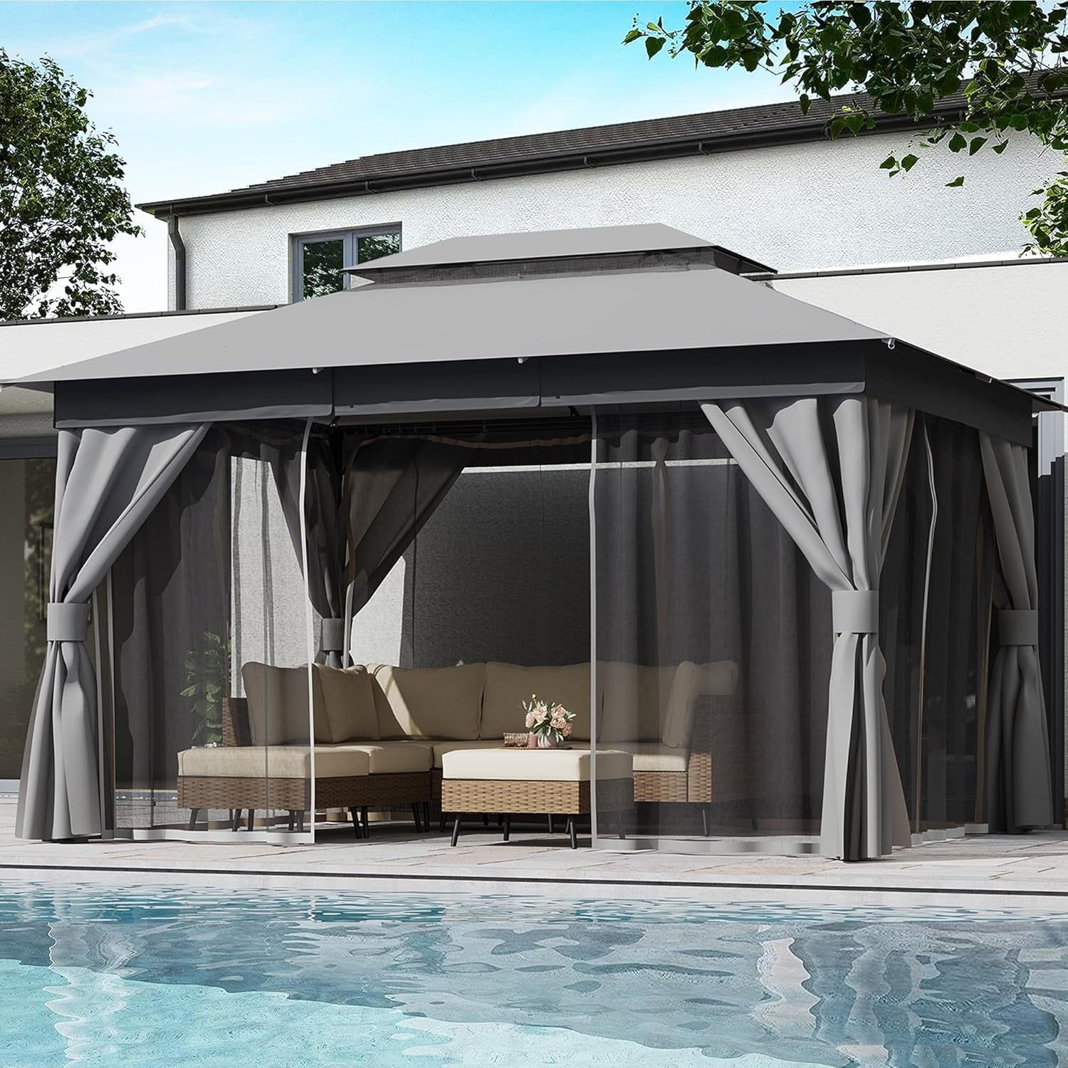 Outdoor Patio Gazebo 10&#39;X13&#39; with Expansion Bolts, Heavy Duty Party Tent &amp; Shelter with Double Roofs, Mosquito Nettings and Privacy Screens for Backyard, Garden, Lawn, Smoke Grey