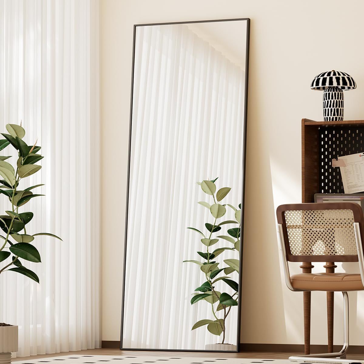 Full Length Mirror with Stand, 56&quot;X21&quot; Floor Mirror with Aluminum Alloy Thin Frame, Shattervue Tempered Full Body Mirrors, Free Standing or Wall-Mounted Mirrors for Living Room, Black