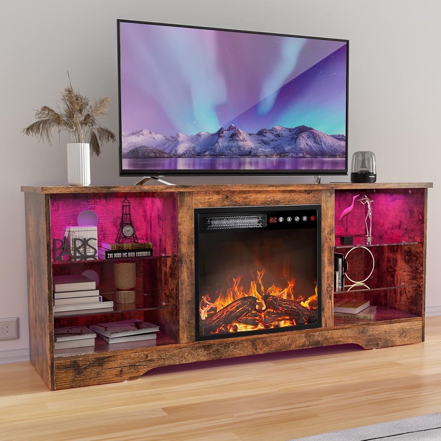Fireplace TV Stand with 18&#39;&#39;Fireplace, Modern Entertainment Center for Tvs up to 65 Inch, Media TV Console with Adjustable Glass Shelves and Storage Cabinets(Brown)