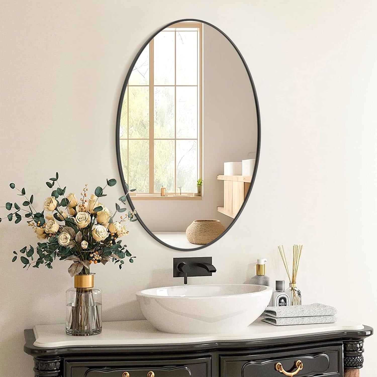 Oval Mirror 20X30 Black Bathroom Mirror Stainless Steel Metal Frame Vanity Mirror Wall Mount Mirror for Entryway Bedroom Bathroom Living Room