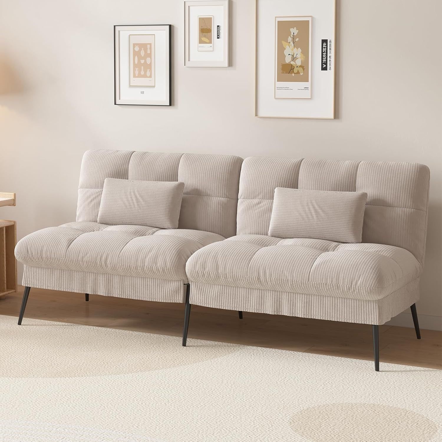 Convertible Futon Sofa Bed, 68&quot; Corduroy Futon Couch with Adjustable Backrest, Folding Futon Loveseat for Living Room, Bedroom (Cream)