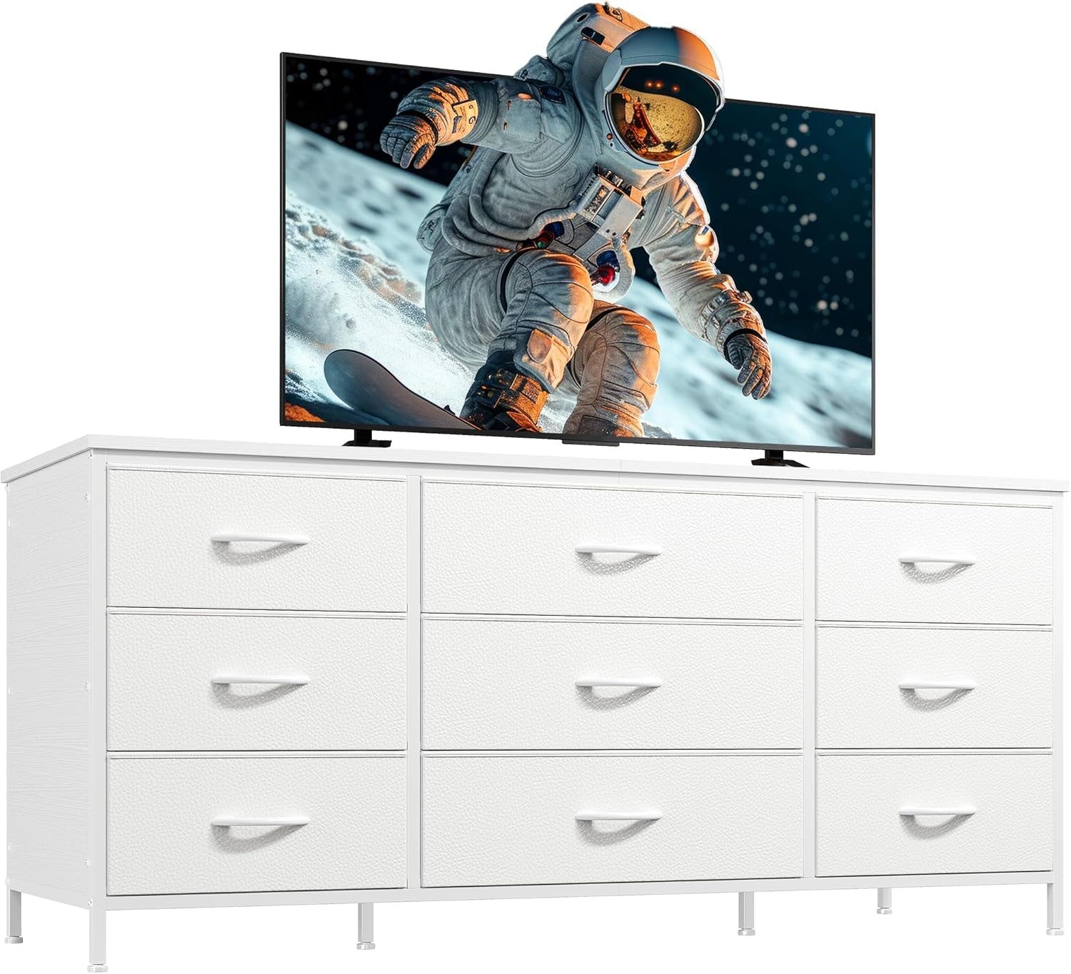 Dresser TV Stand with 9 Drawers for 60&#39;&#39; TV Stand for Bedroom Long Dresser for Bedroom Wide Dressers &amp; Chests of Drawers, Sturdy Metal Frame &amp; Wood Top, Living Room, Closet, White