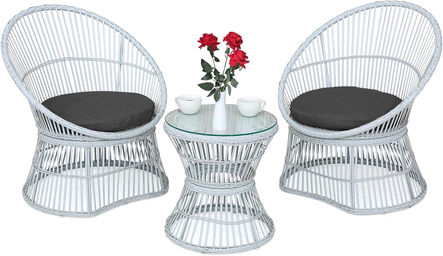 Outdoor Patio Furniture Set Wicker Bistro Set, 3 Piece Conversation Set All-Weather PE Rattan Chairs with Seat Cushions &amp; Glass Table for Porch, Backyard, Black