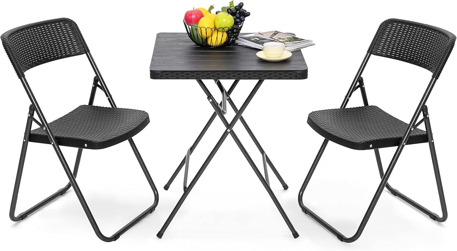 3 Pieces Folding Patio Bistro Set Bistro Table and Chairs Set for Outside, All Weather Small Patio Set for Balcony Porch Backyard, Black