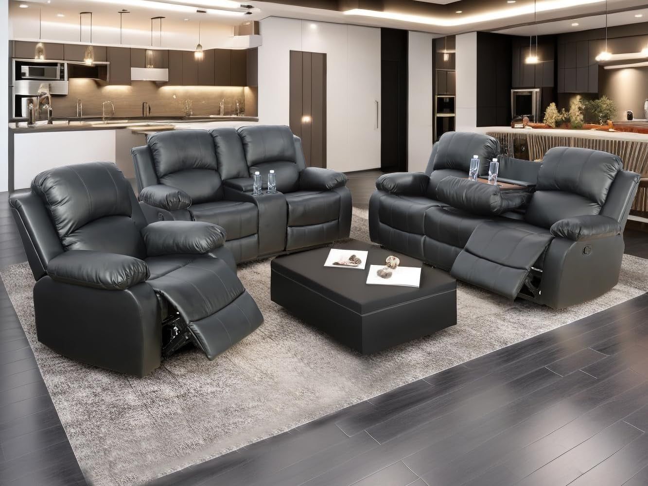 Bonded Leather Reclining Sofa Set with Cup Holders and Storage Console