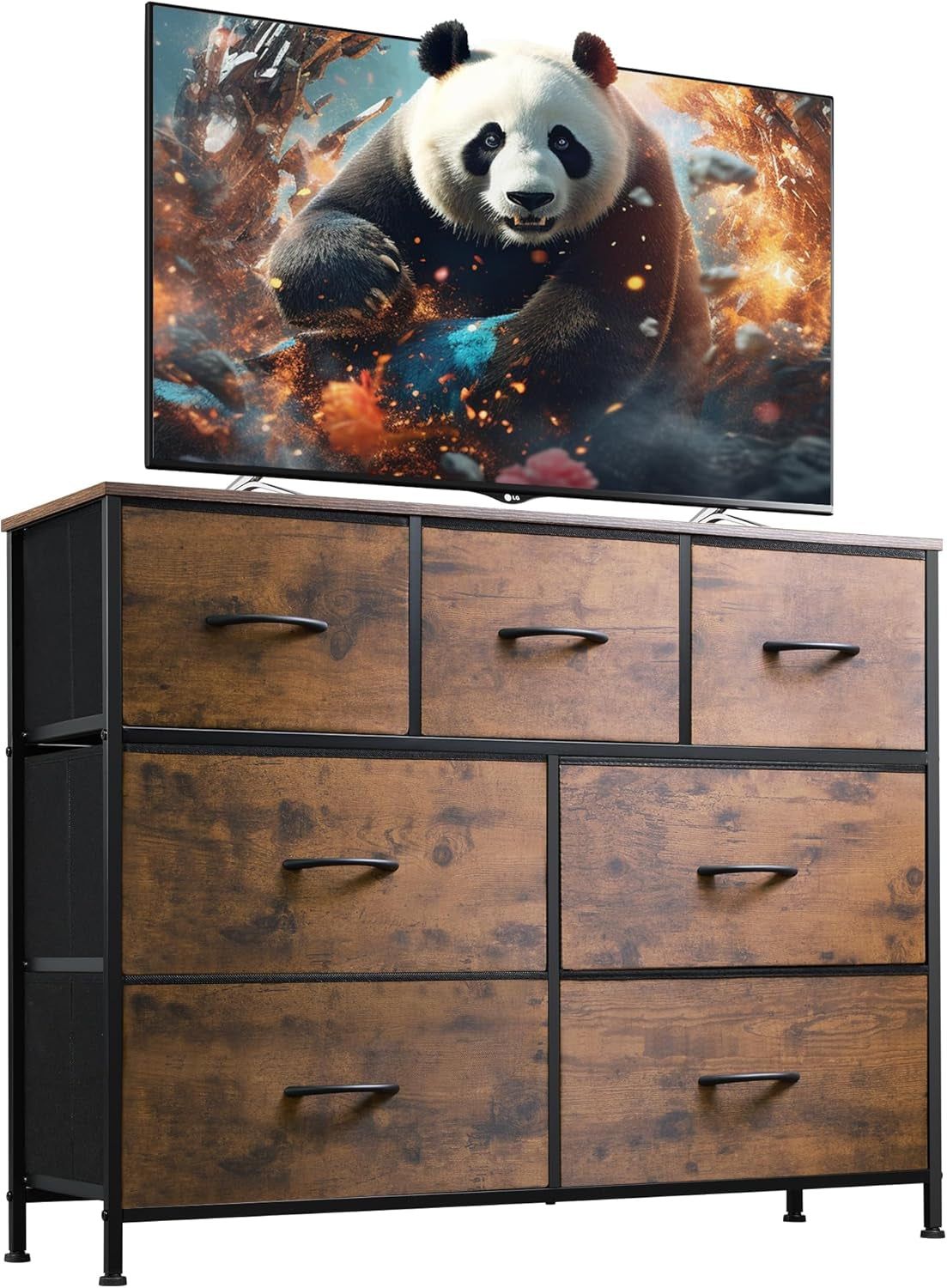 Dresser TV Stand, Entertainment Center with Fabric Chest of Drawers for Bedroom, Media Console Table with Metal Frame and Wood Top for TV up to 45 Inch, Rustic Brown Wood Grain Print