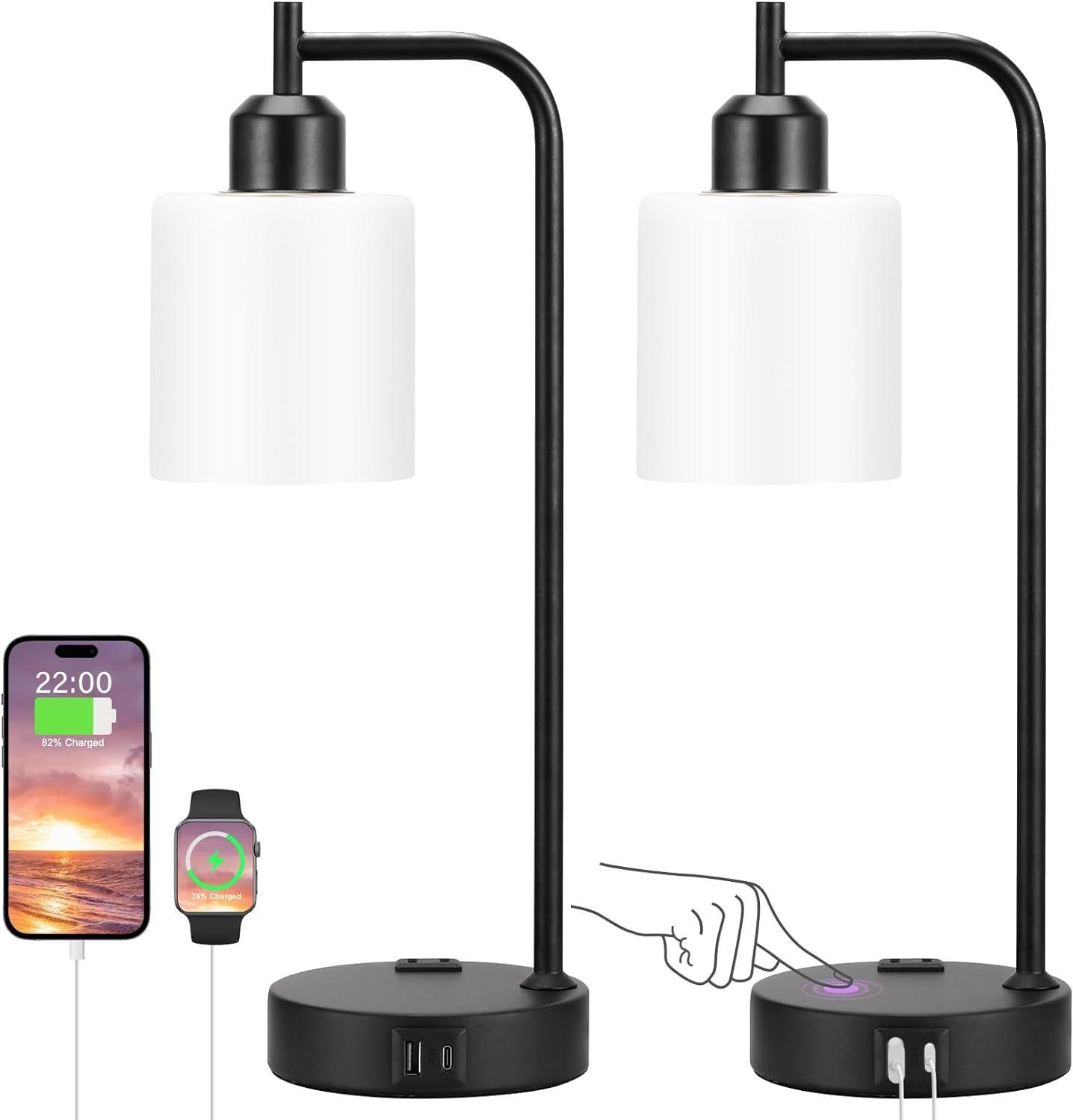 Industrial Touch Bedside Lamps for Bedrooms Set of 2 - 3-Way Dimmable Nightstand Lamps with USB C+A Ports and Outlet, Table Lamps with Opal Glass Shade for Living Room, Desk Lamps for Home Office