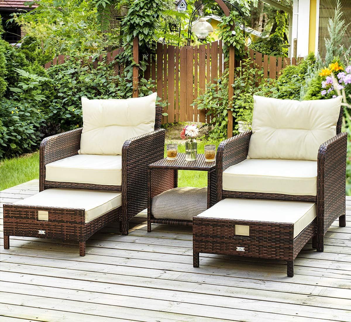 5 Pieces Patio Furniture Set, Rattan Balcony Furniture with Ottomans, PE Wicker Outdoor Patio Chairs Set with Coffee Table for Poolside, Porch, Lawn, Garden, Balcony(Beige)
