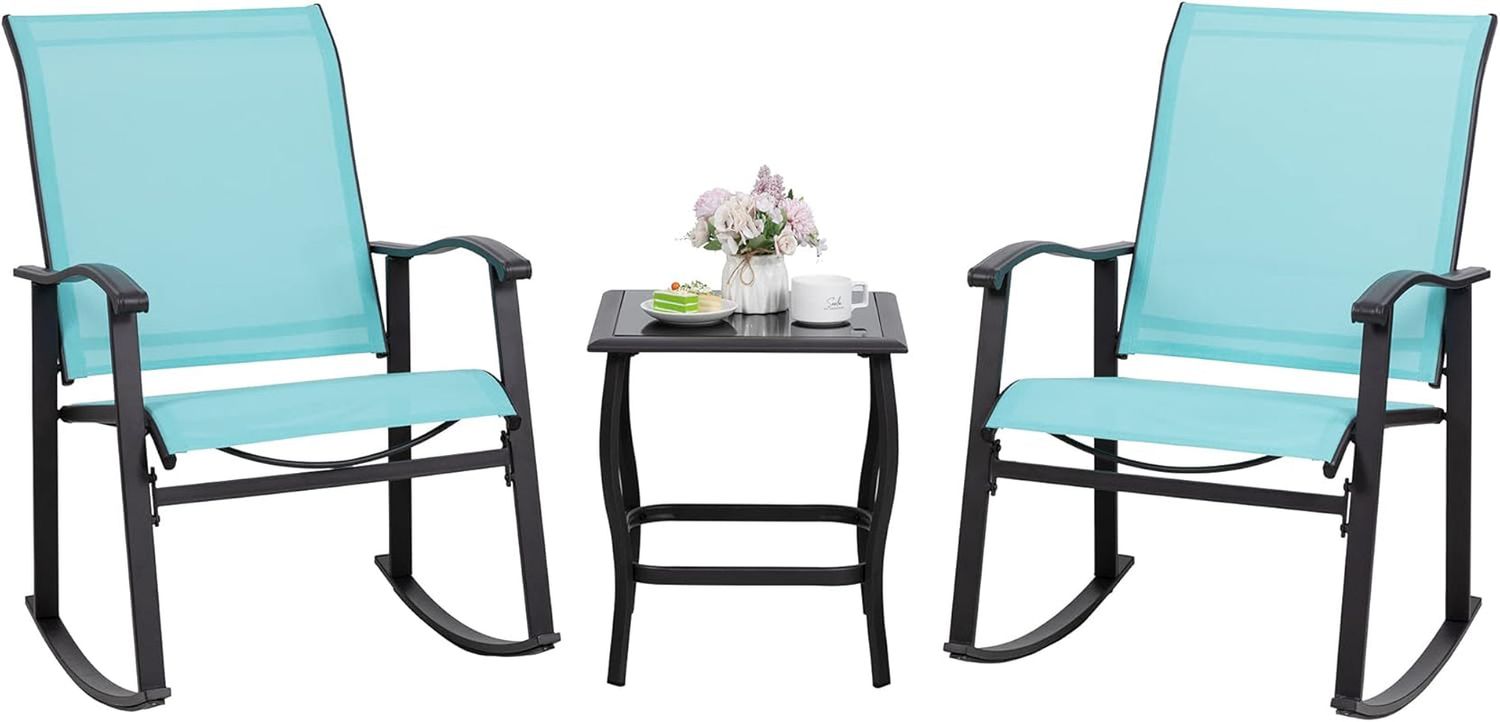 3 Piece Rocking Bistro Set, Outdoor Furniture with Rocker Chairs and Glass Coffee Table Set of 3, Balcony, Porch Furniture for Small Space, Blue