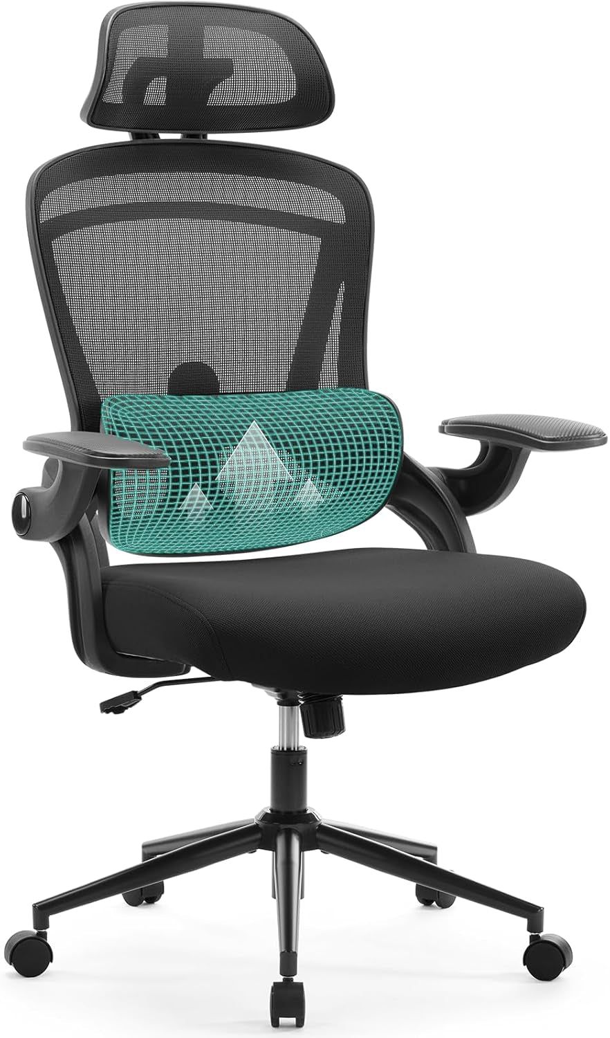 Ergonomic Mesh Office Chair, High Back Desk Chair with 2D Headrest, Up&amp;Down Lumbar Support, Swivel Computer Task Chair with Adjustable Flip-Up Armrests,Black