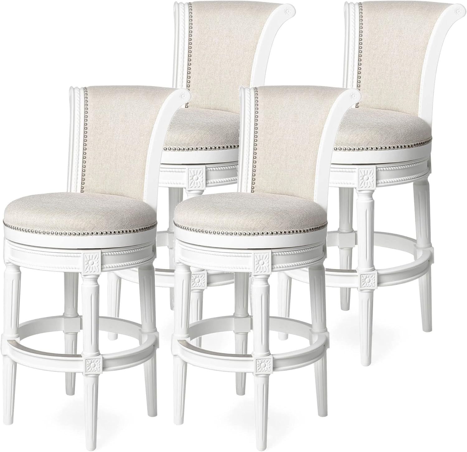Pullman 31 Inch Tall Bar Height Upholstered Barstool with Back in Alabaster White Finish with Cream Fabric Cushion Seat, Set of 4