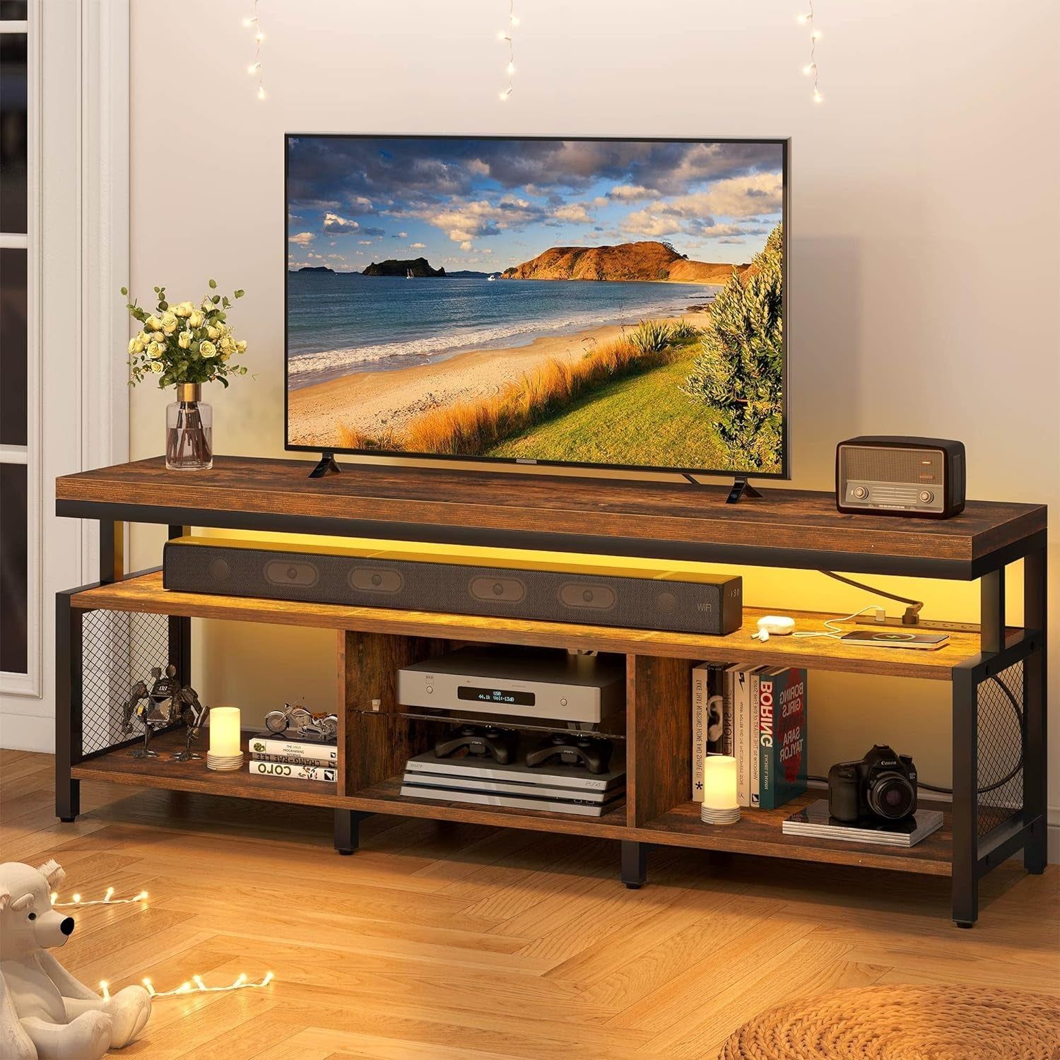LED Television Stands W/Power Outlets for 70/65 Inch, Modern Industrial TV Stand, Entertainment Center W/Open Storage, Entertainment Center for 360Lbs for Living Room, Retro Brown