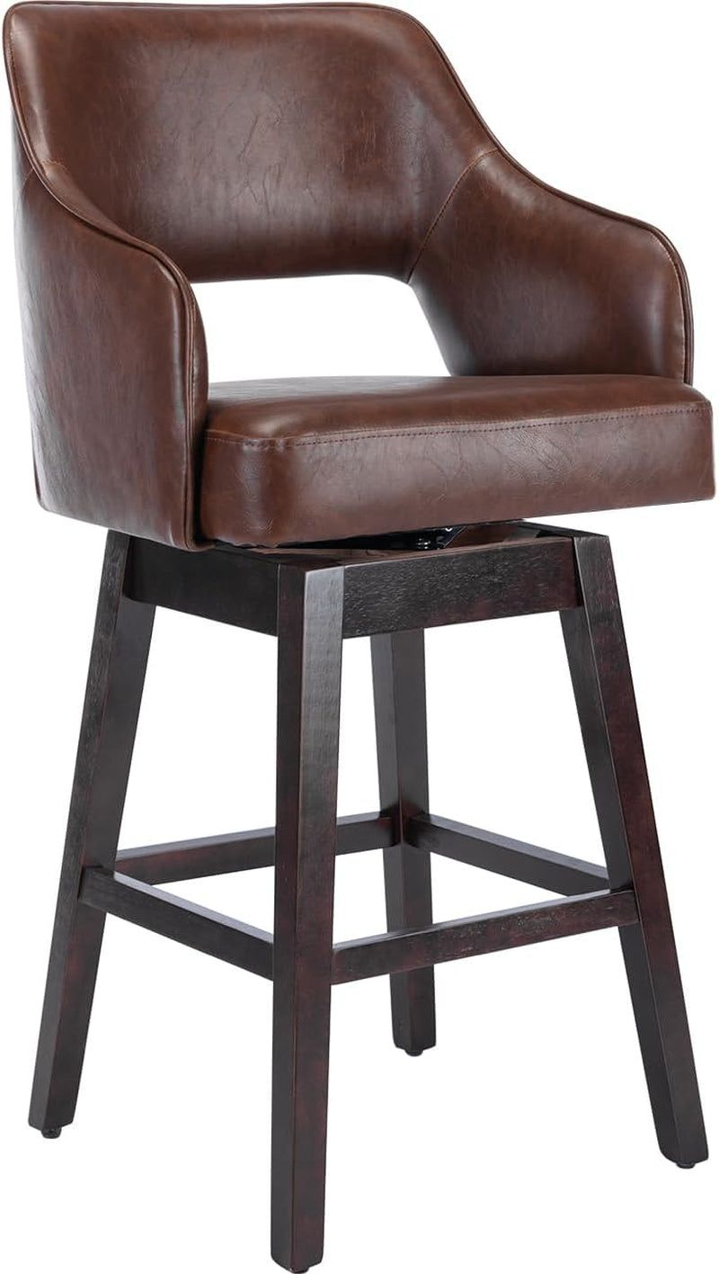 28&quot; PU Leather Counter Height Bar Stool Swivel Farmhouse Bar Stool with Wood Legs Open Back Footrest for Kitchen Island, Brown