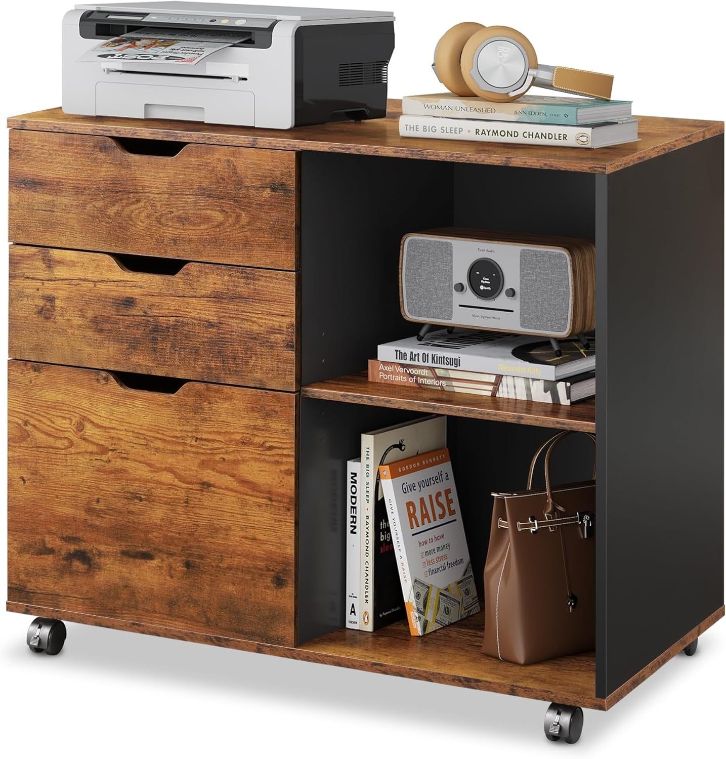 3-Drawer Wood File Cabinet, Mobile Lateral Filing Cabinet, Printer Stand with Open Storage Shelves for Home Office, Rustic Brown