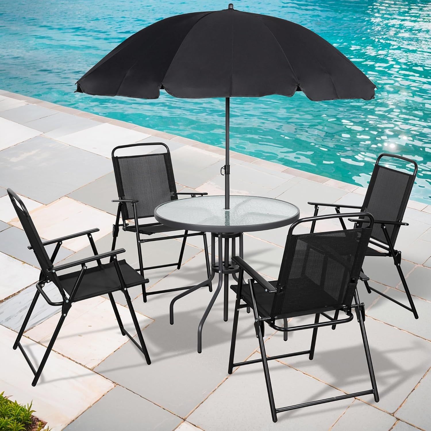6 Piece Patio Dining Set with Umbrella, Outdoor Furniture Set with 4 Folding Chairs and Tempered Glass Top Dining Table Fot Lawn Backyard Garden Porch Black