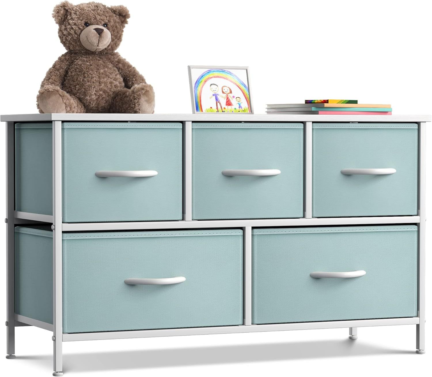 Kids Dresser with 5 Drawers - Storage Chest Organizer Unit with Steel Frame, Wood Top, Easy Pull Fabric Bins - Long Wide TV Stand for Bedroom Furniture, Hallway, Closet &amp; Office Organization