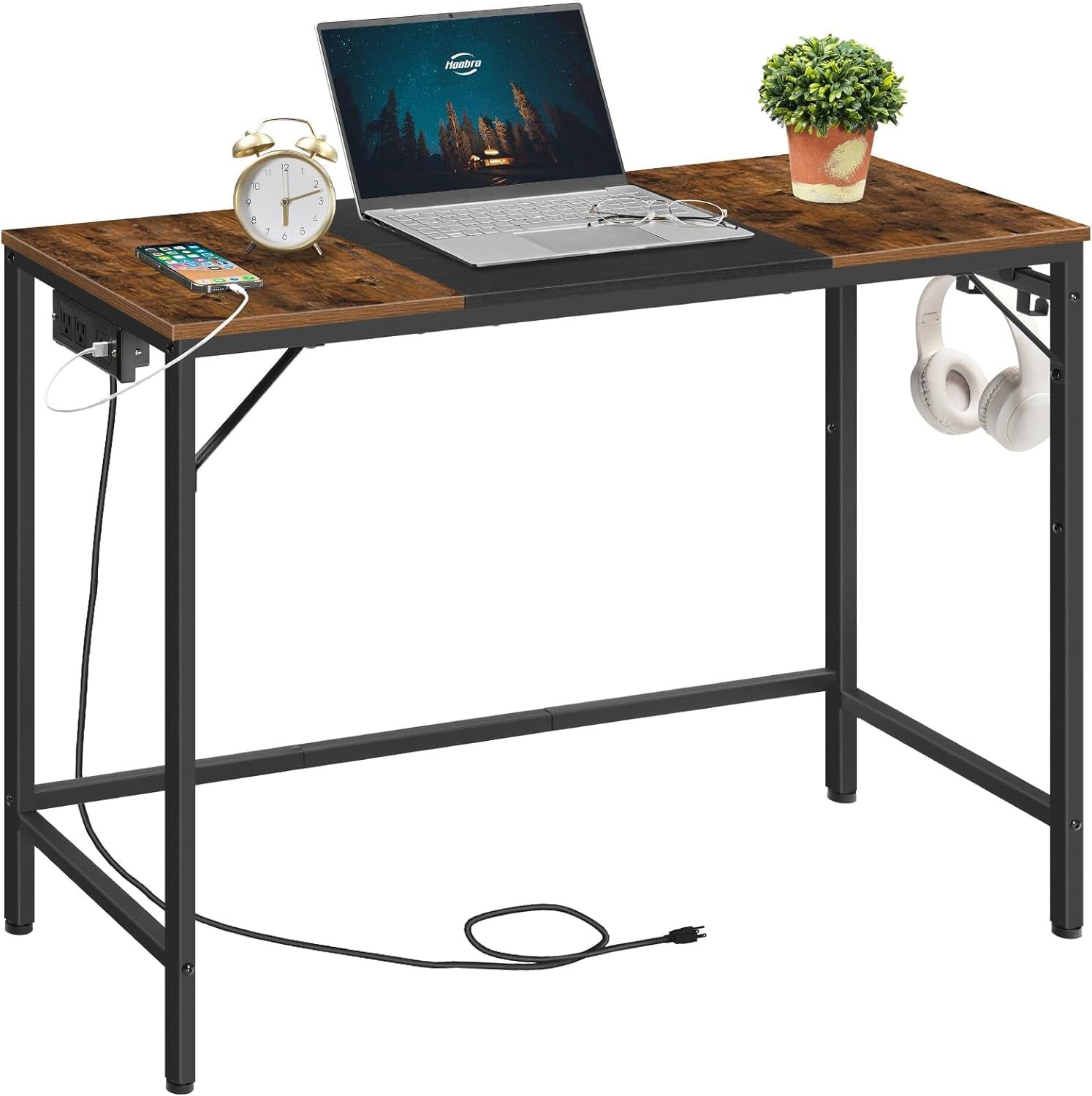 Computer Desk, Home Office Desk with Power Outlet, Modern Study Writing Desk with 3 Hooks for Study Room, Home Office, Sturdy and Stable, Easy to Assemble, Rustic Brown and Black BF41UDN01