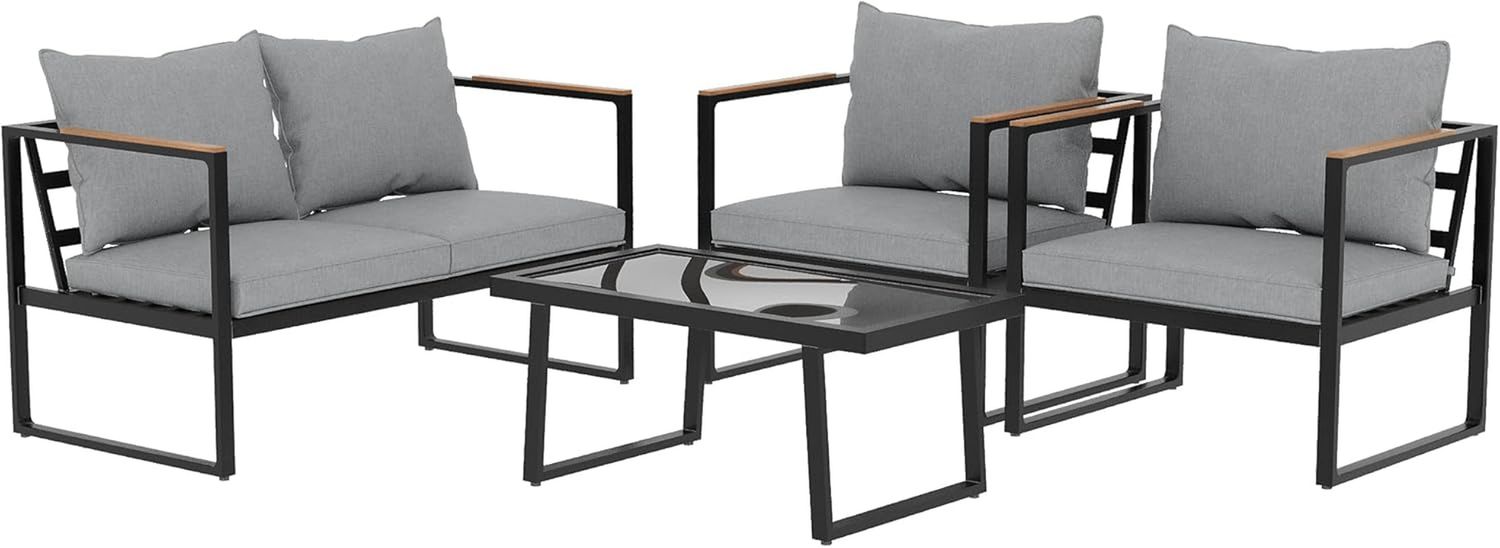 Courtyard Patio Furniture Set, 4-Piece Outdoor Patio Set with Sofa, Removable &amp; Washable Deep Seating Cushion, Tempered Glass Table, outside Patio Conversation Sets, Black &amp; Grey