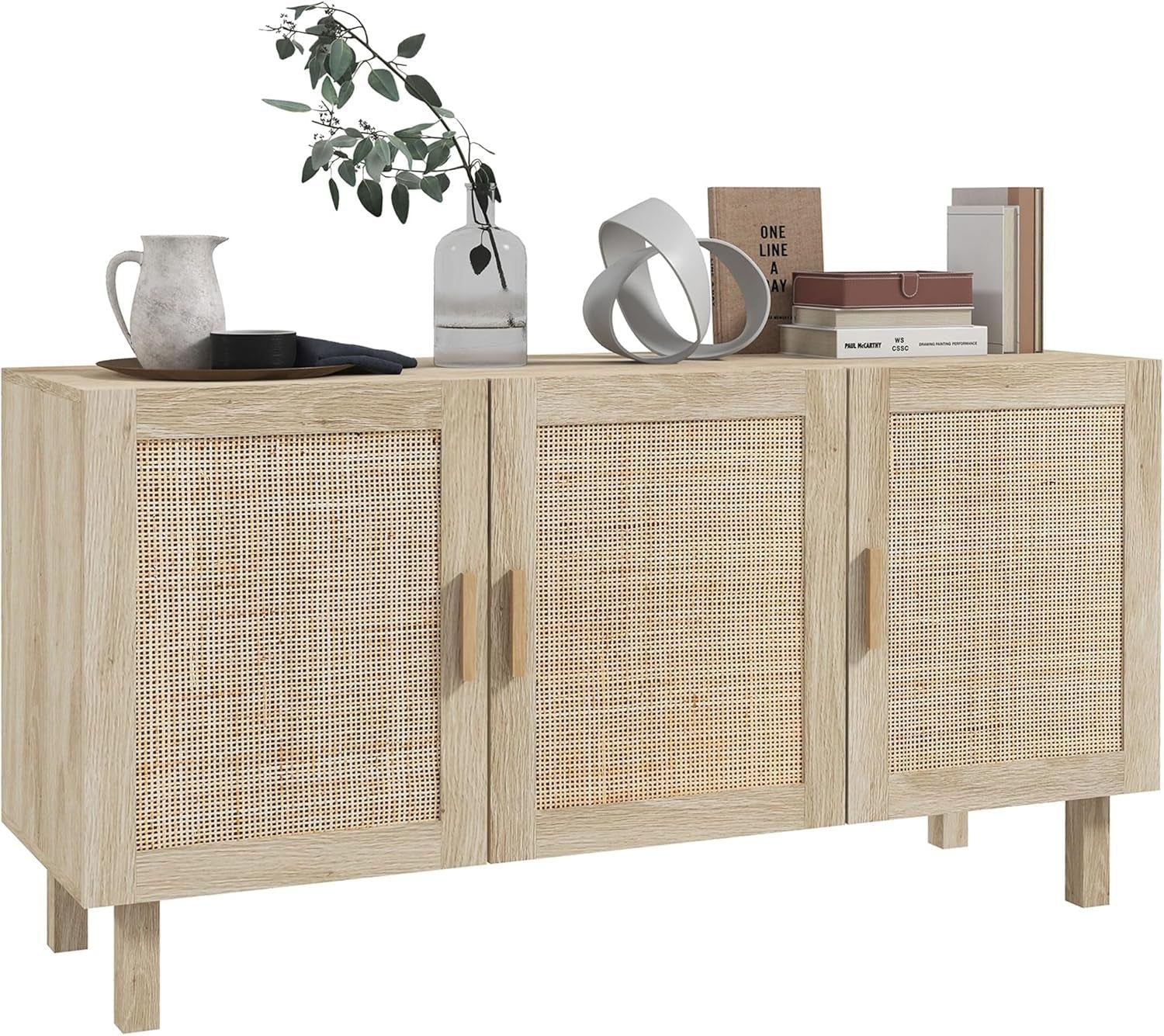 Sideboard Buffet Cabinet, Kitchen Cabinet, Coffee Bar Cabinet with 3 Rattan Doors and Adjustable Shelves, White and Natural