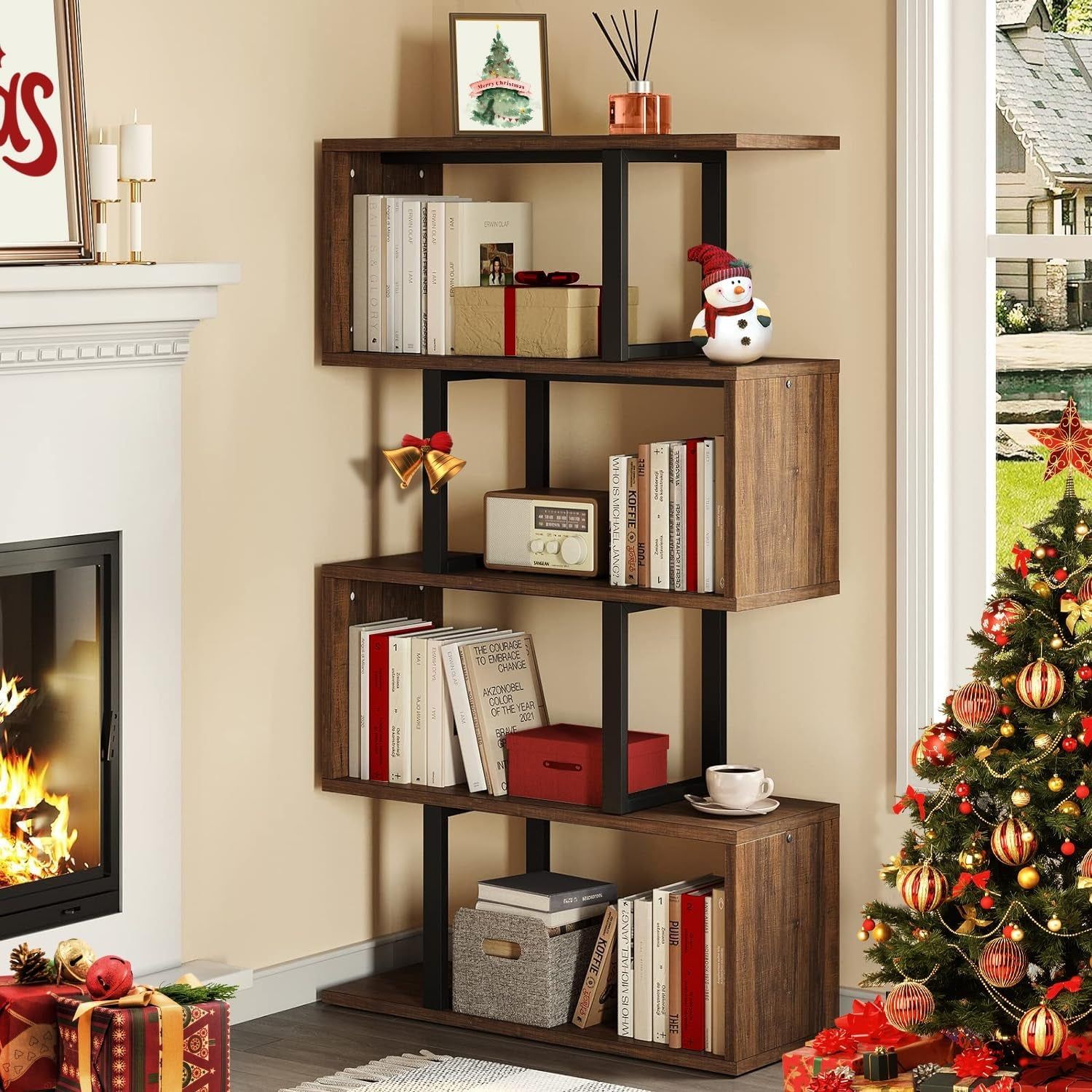 5-Tier Bookshelf, S-Shaped Z-Shelf Bookshelves and Bookcase, Industrial Freestanding Multifunctional Decorative Storage Shelving for Living Room Home Office, Retro Brown