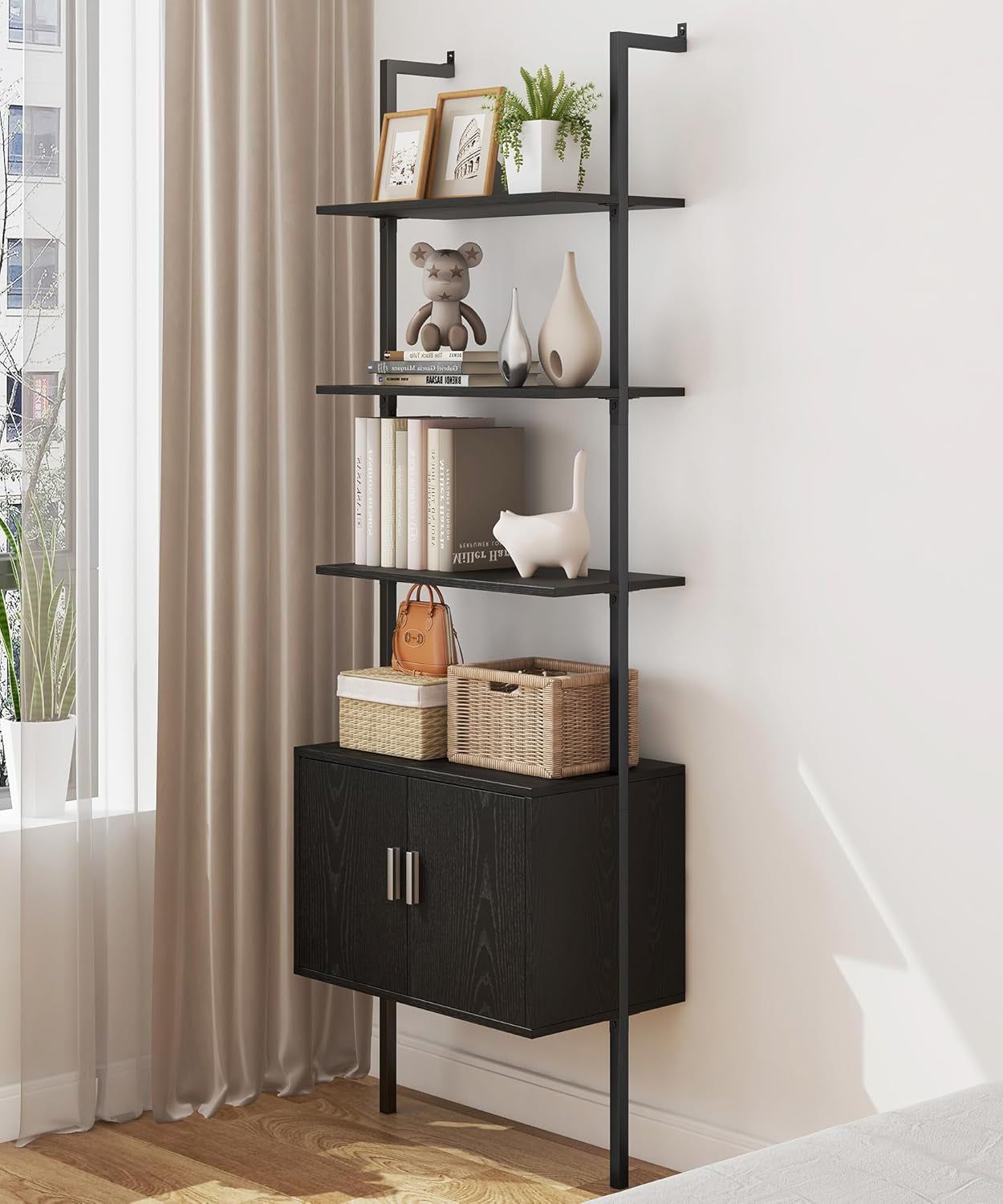 73&quot; Tall Bookshelf with Cabinet, Industrial Ladder Wall Mount Shelf Bookcase with Wood and Metal Frame, Plant Shelf Wall Storage Display for Living Room Bedroom, Black Wood Grain
