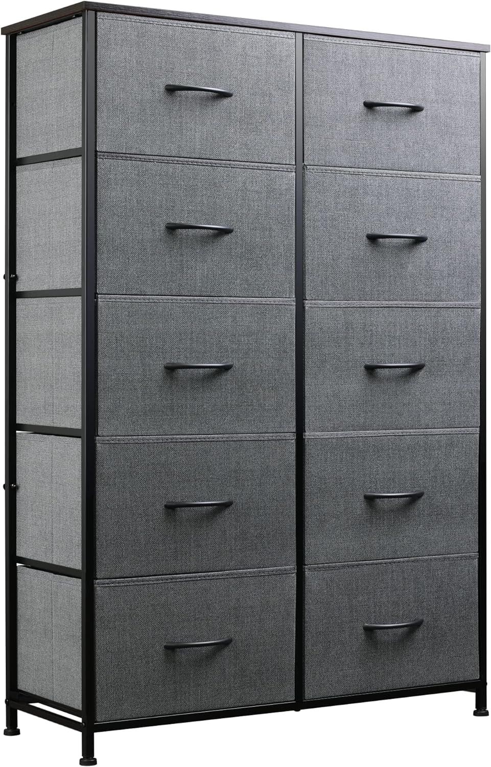 Tall Dresser for Bedroom with 10 Fabric Drawers, Organizer Units for Living Room, Clothing, Closet, Storage Tower with Cabinet, Metal Frame, Wooden Top, Furniture, Dark Grey
