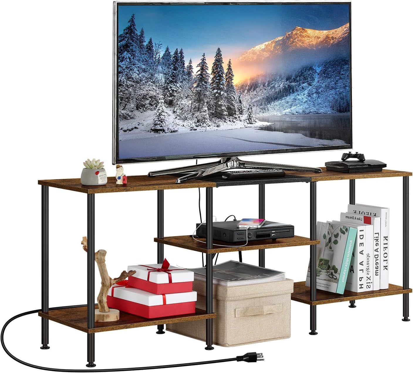 Small TV Stand for Living Room up to 50 Inch Farmhouse TV Media Entertainment Center with Power Outlets &amp; Storage Shelf 45&#39;&#39; TV Cabinet Console Table for Bedroom, Rustic Brown