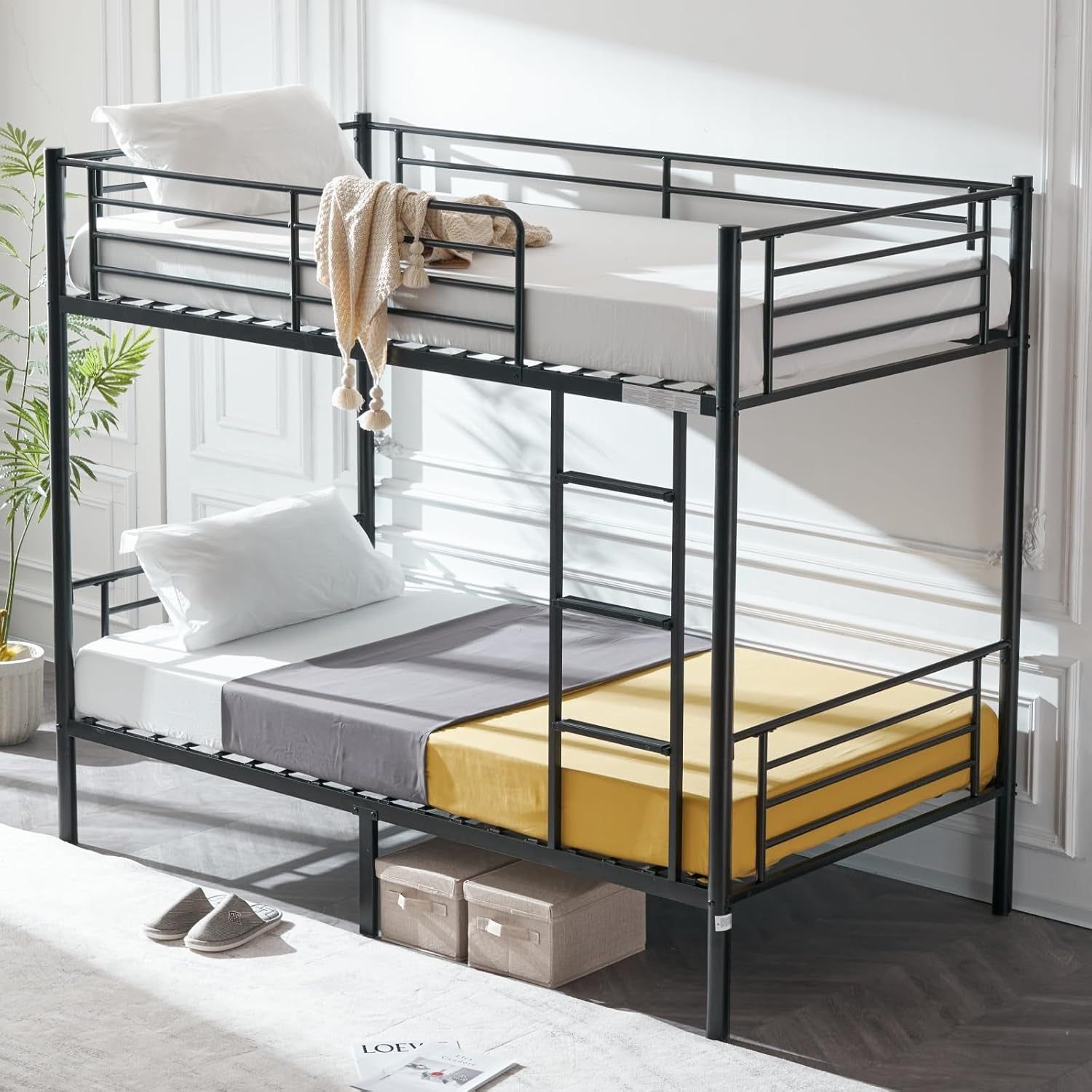 Bunk Bed Twin over Twin for Kids, Teens &amp; Adults Bunk Bed with Stairs &amp; Flat Rungs, Heavy Duty Metal Slats, No Box Spring Needed, Black