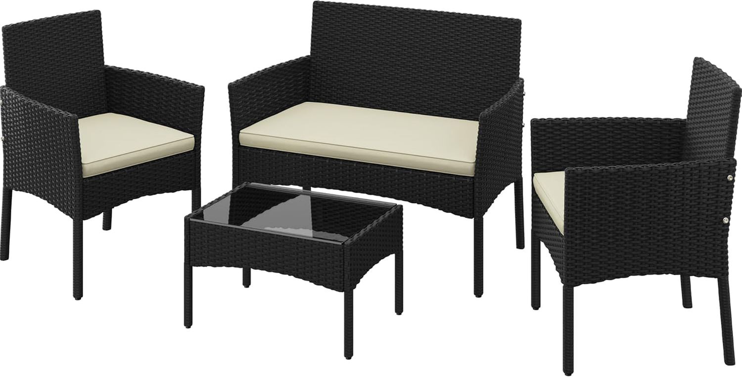 Patio Furniture Set 4 Pieces Conversation Sets, Rattan Chair Wicker Set Loveseat with Soft Cushion and Glass Table for Backyard Porch Garden Poolside Balcony, Black and Beige