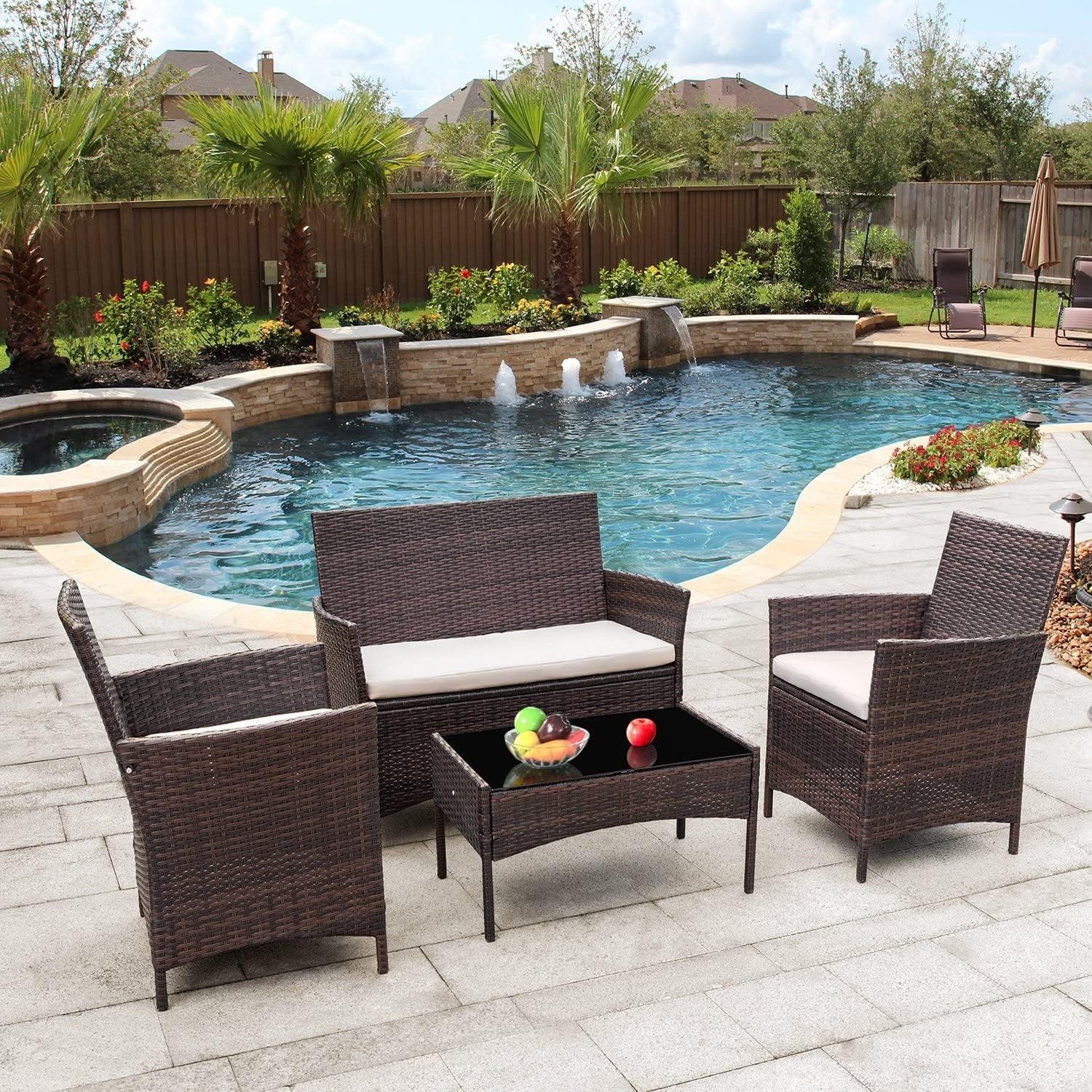 Outdoor Furniture Patio Set Cushioned PE Wicker Rattan Chairs with Coffee Table 4 PCS for Garden Poolside Porch Backyard Lawn Balcony Use (Brown&amp;Beige)
