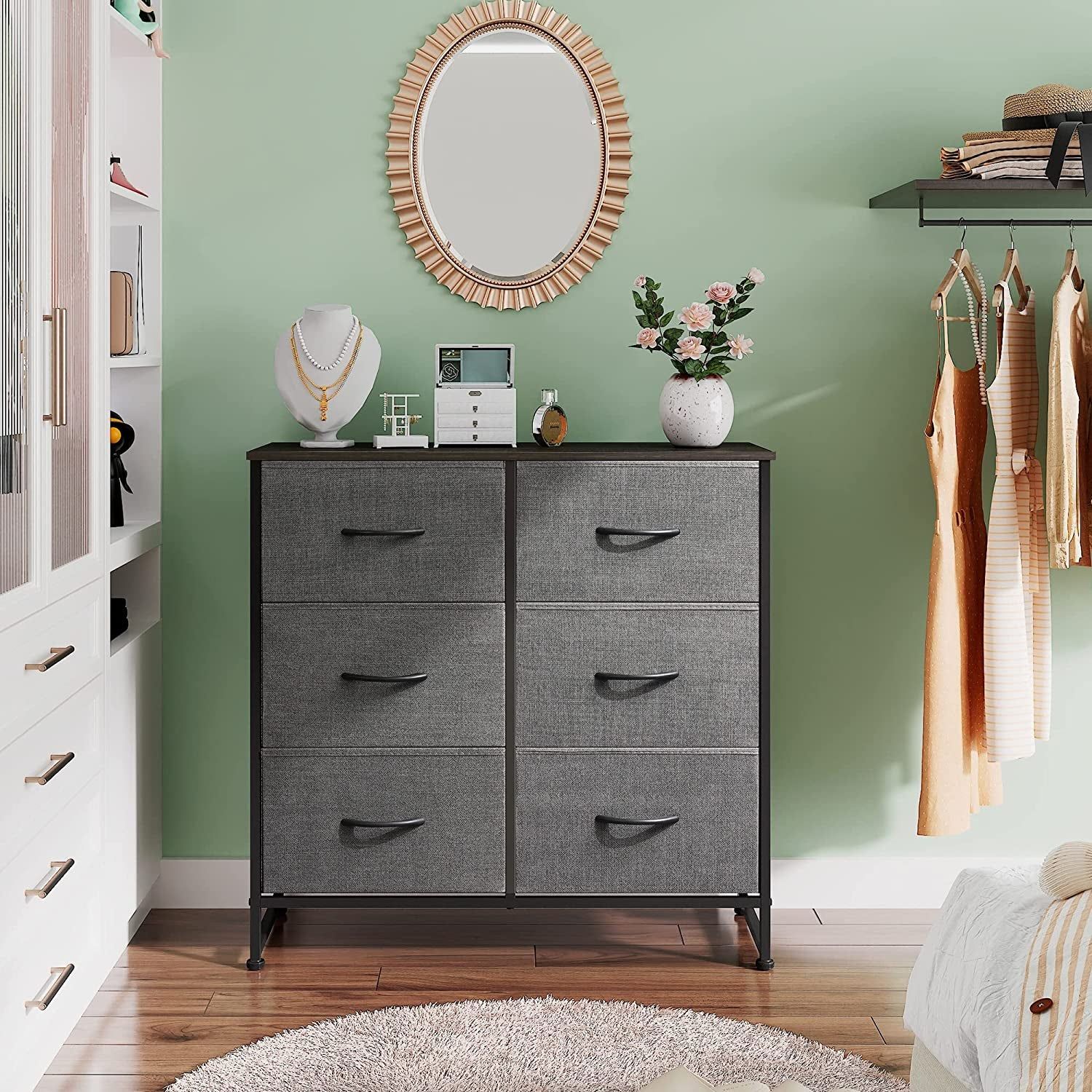 6 Drawer Dark Grey Fabric Dresser