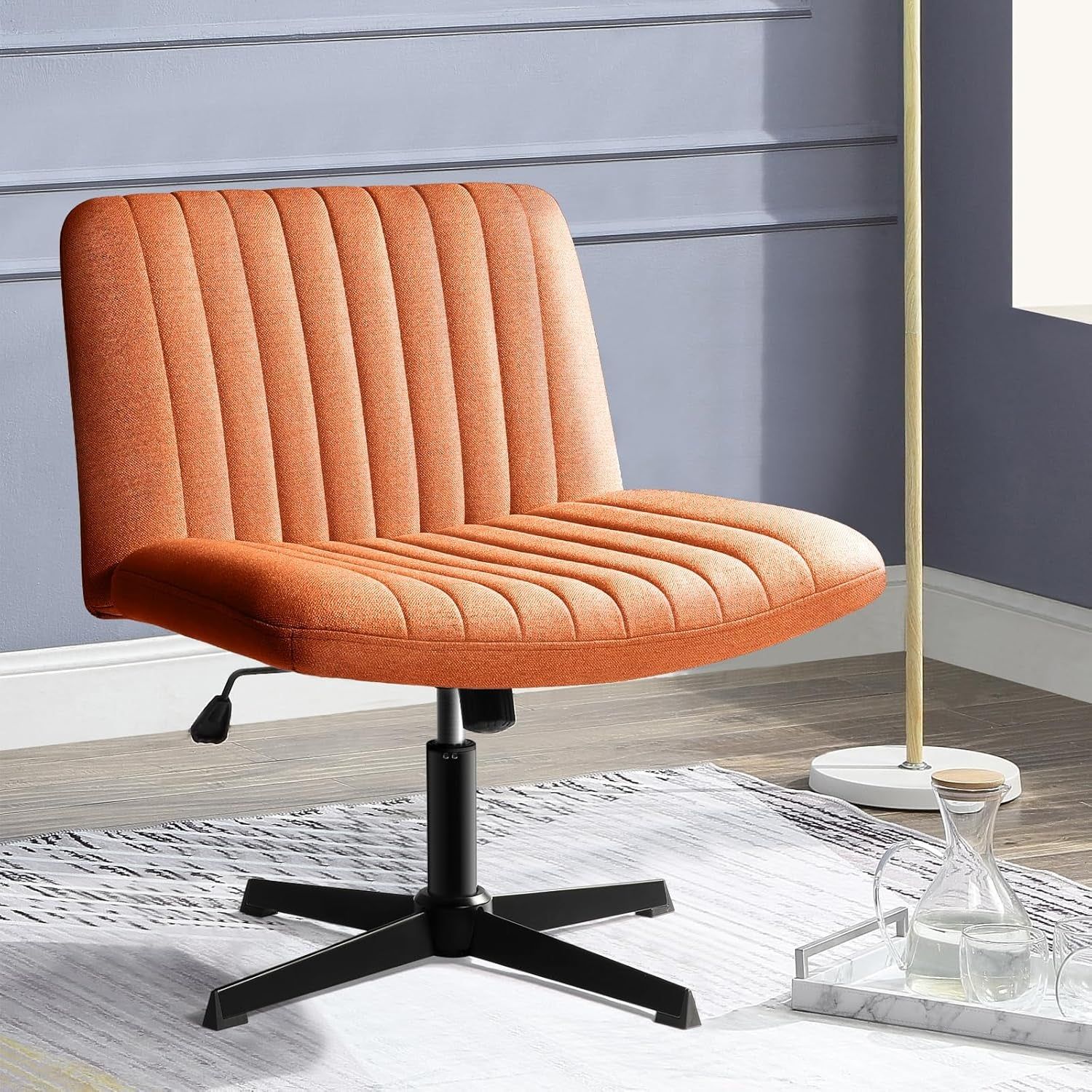 Criss Cross Chair,Armless Cross Legged Office Desk Chair No Wheels,Fabric Padded Modern Swivel Height Adjustable Mid Back Wide Seat Computer Task Vanity Chair for Home Office(Brown)