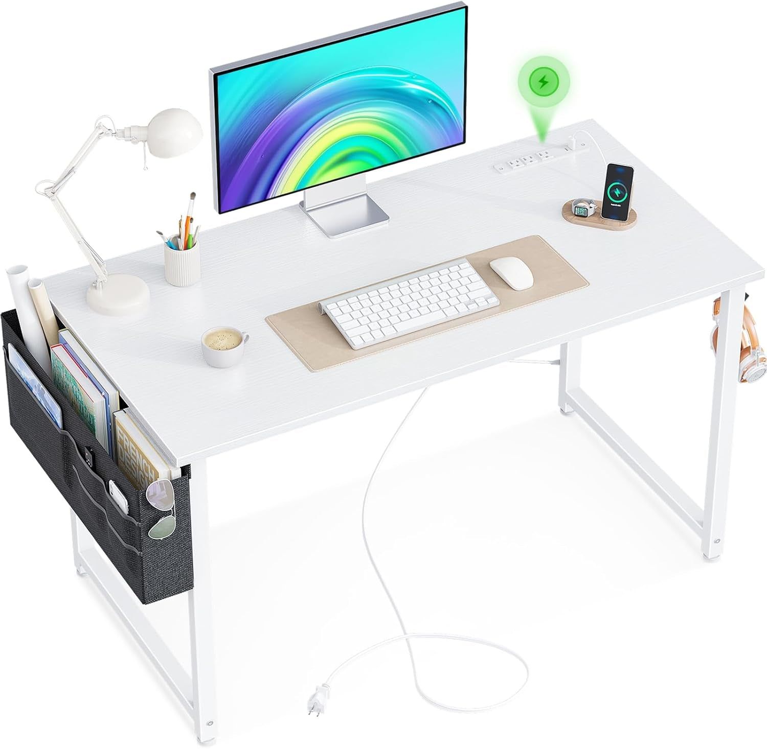 Small Desk with Power Outlets and USB Port Computer Desk for Home Office Gaming Simple Modern Style Writing Desks with Storage Bag Headphone Hook, 40 Inch, White