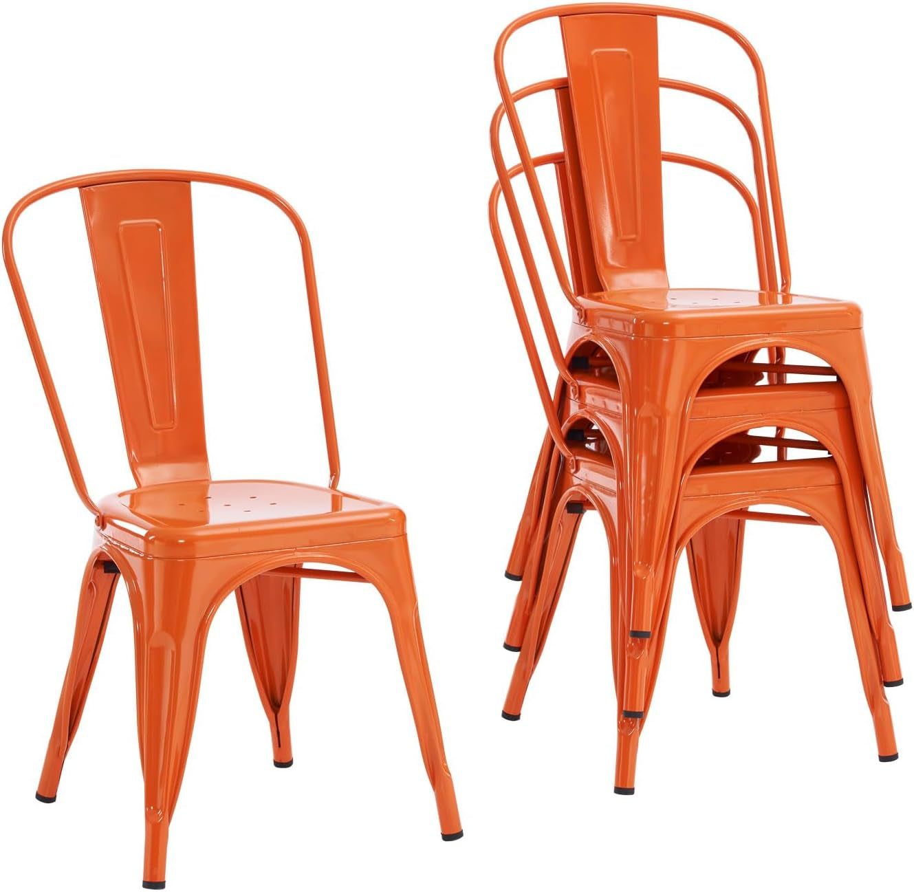 Metal Dining Chair Farmhouse Tolix Style for Kitchen Dining Room Café Restaurant Bistro Patio, 18 Inch, Stackable, Waterproof Indoor/Outdoor (Sets of 4) (Orange, Steel Seat)