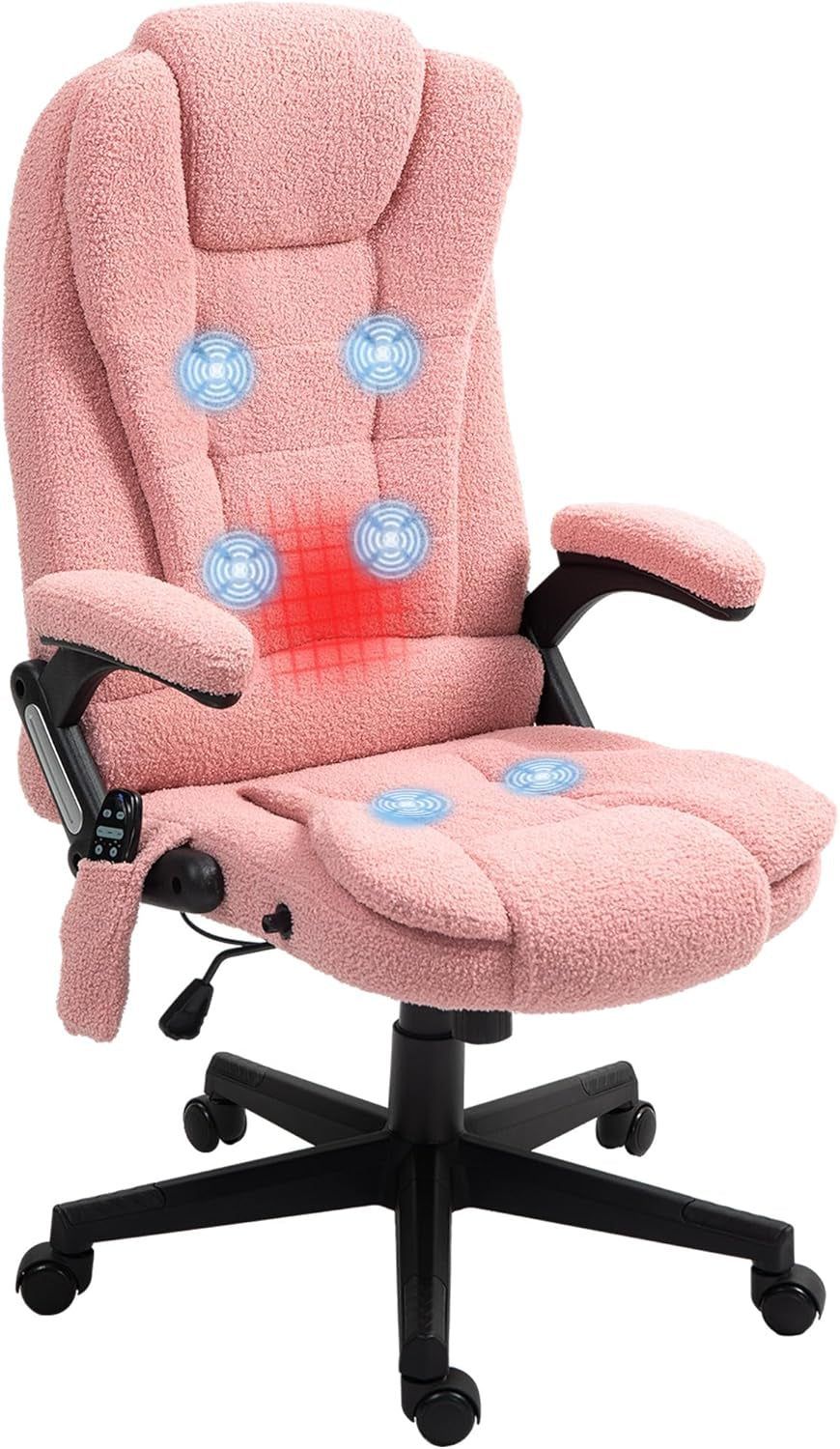 6 Point Vibrating Massage Office Chair with Heat, Velvet High Back Executive Office Chair with Reclining Backrest, Padded Armrests and Remote, Pink