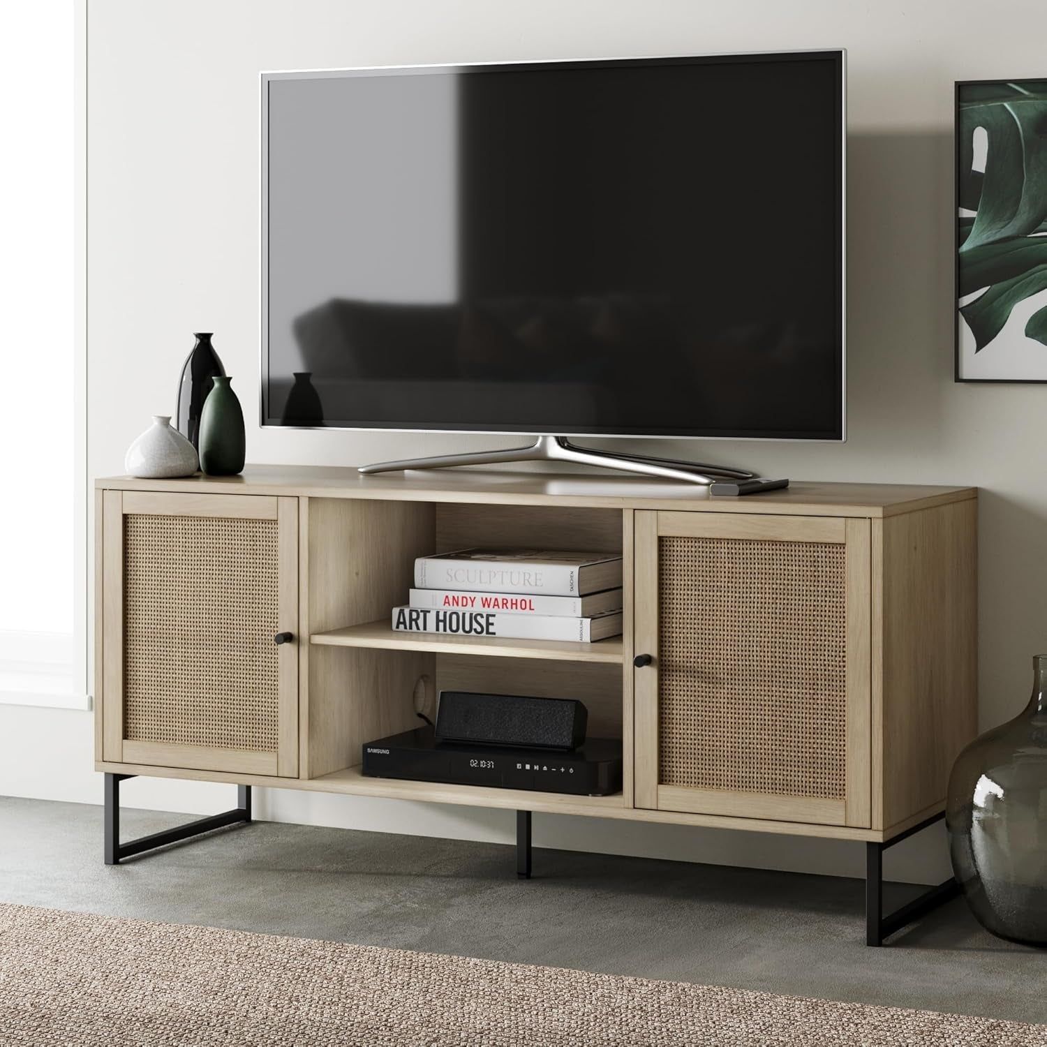 74101 Mina Modern TV Stand, Entertainment Cabinet, Media Console with a Natural Oak Wood Finish and Matte Black Accents with Storage Doors for Living Room or Media Room, Oak/Black