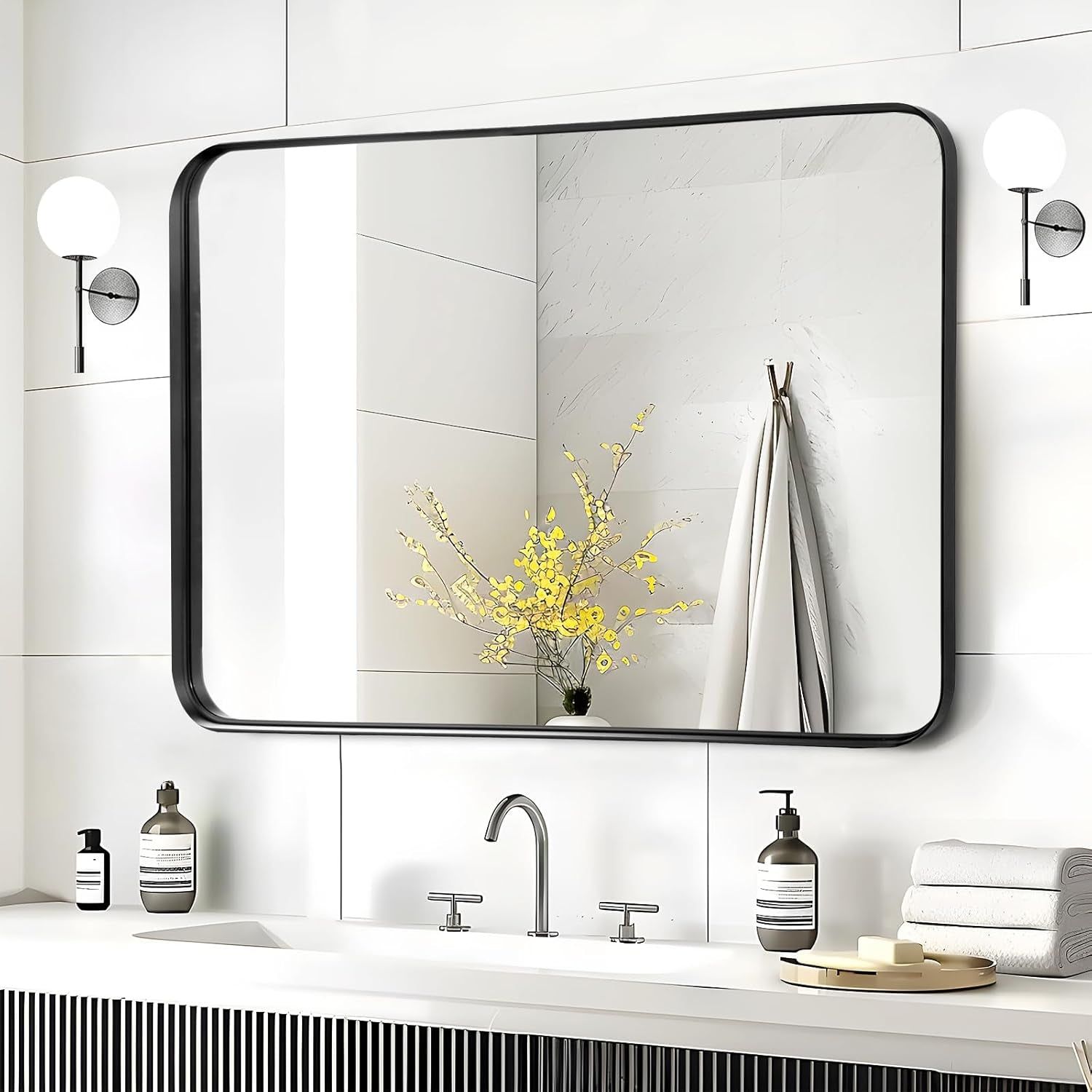 Black Mirror for Bathroom Wall - 40X30 Inch Large Reactangular Metal Framed Mirror over Sink, Matte Frame Big Rectangle Mirror Vanity for Restroom, Entryway, Living Room, Fireplace