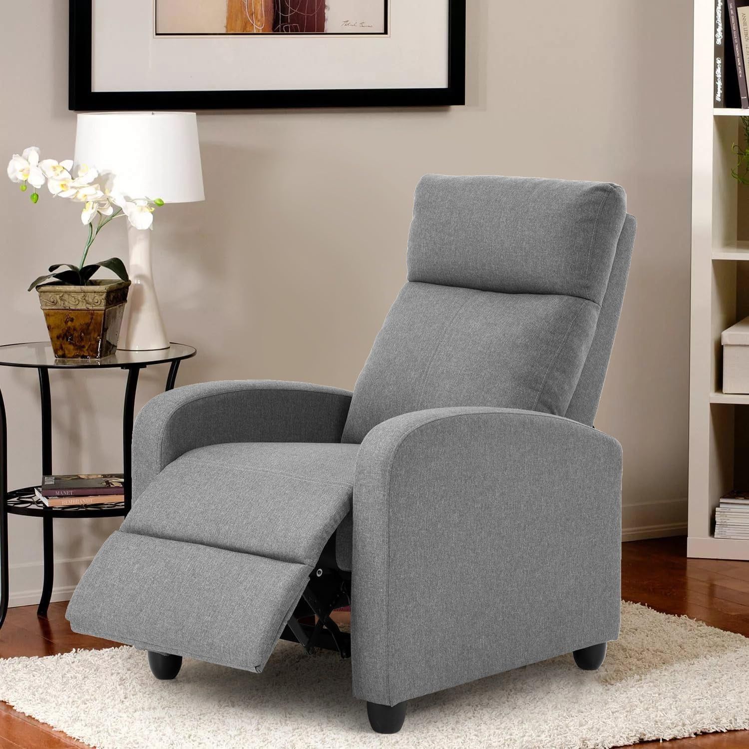 Recliner Chair Single Reclining Sofa Home Theater Seating with Lumbar Support and Padded Backrest for Living Room and Bedroom (Fabric, Grey)