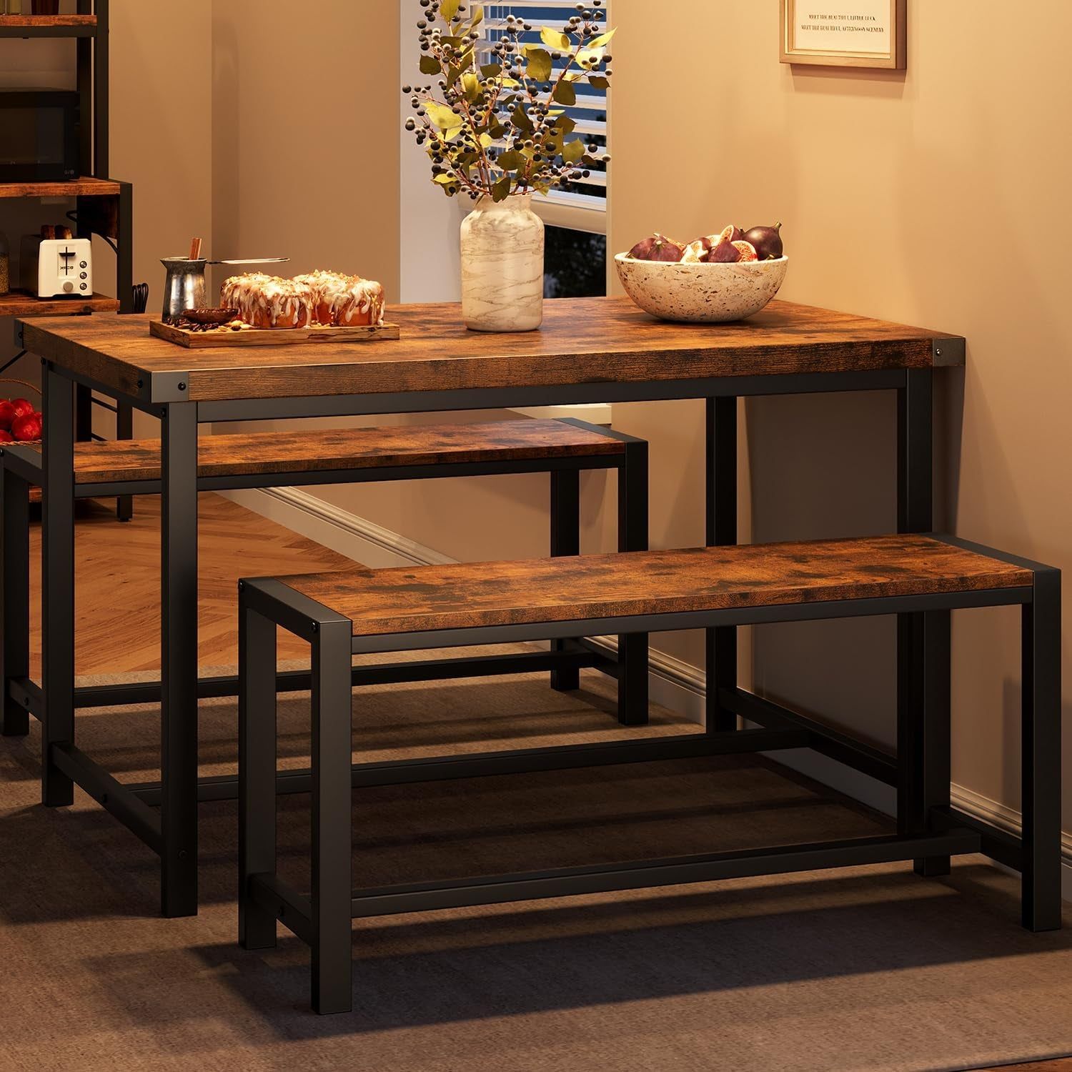 Dining Table Set for 4, Kitchen Table with Benches, Rectangular Dining Room Table Set with 2 Metal Wood Benches, 3 Piece Dining Table Set for Small Space, Apartment, Dinette, Retro Brown