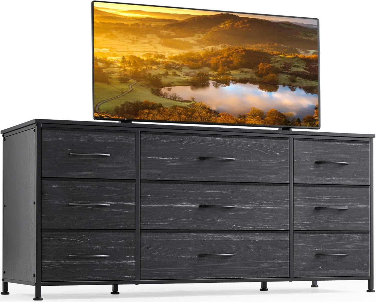 Dresser, Dresser for Bedroom with 9 Drawers, Wide Dresser TV Stand for 55” TV Stand for Bedroom Dresser Long Dressers &amp; Chests of Drawers, Metal Frame&amp;Wood Top, Closet, Hallway, Charcoal Black