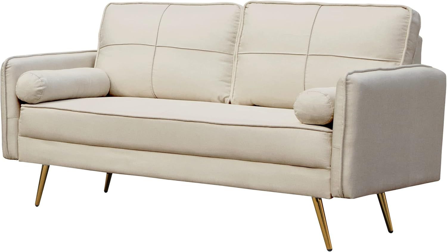 Modern Velvet Sofa Tufted Couch Upholstered Loveseat with Bolsters &amp; Metal Legs for Living Room,Bedroom,Study,Playroom,Apartment,Dorm - Beige