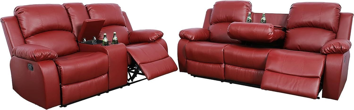 Bonded Leather Living Room Furniture Set Reclining Sofa Set Loveseat Furniture Sets in Living Room Sofa Recliners (Sofa+Loveseat, Red)