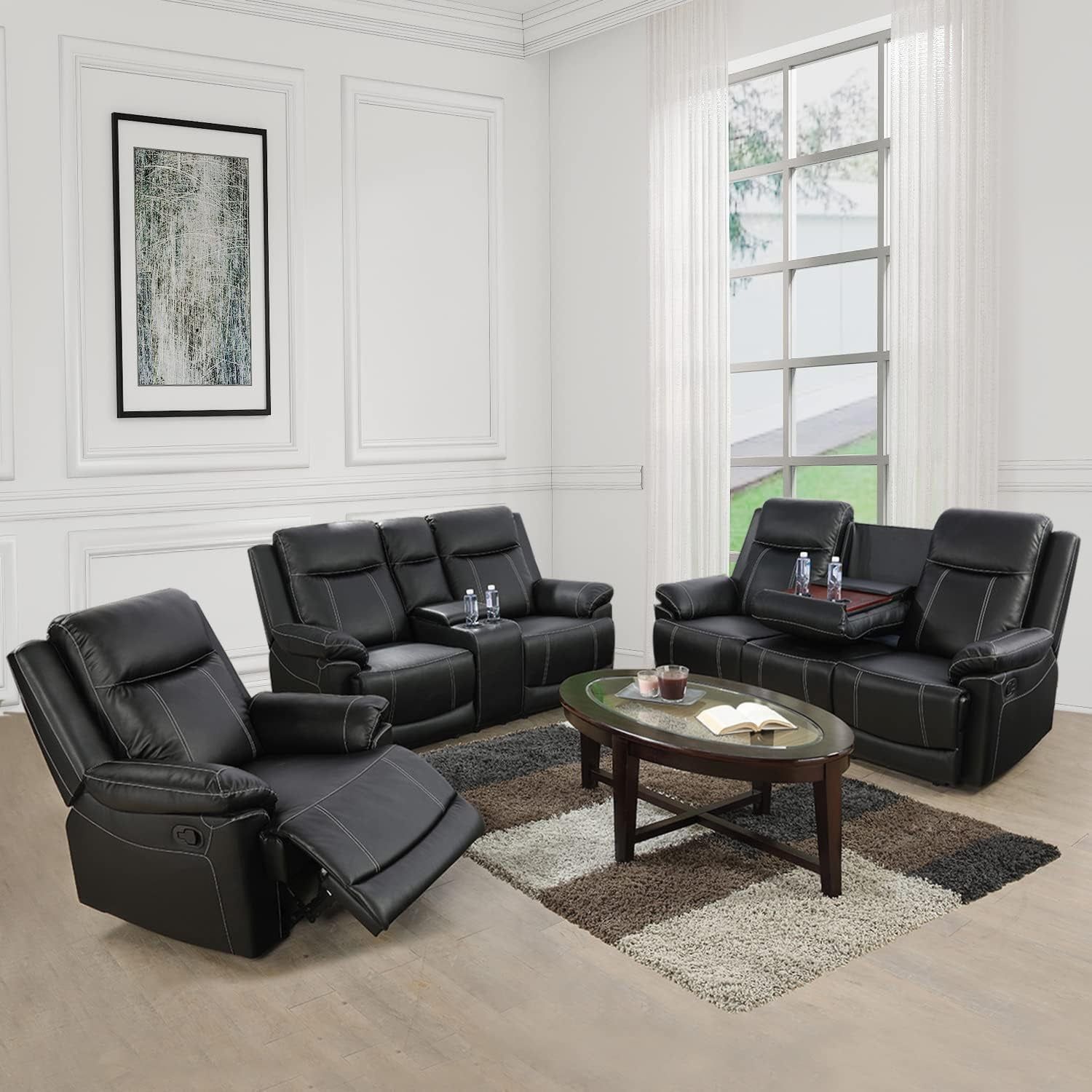 Manual Recliner Sofa Set, Bonded Leather Sofa with Recliners, Reclining Couch Set with Storage Console and Cup-Holders for Living Room/House/Bedroom/Office/Apartment (Black / 3 Pieces Set)